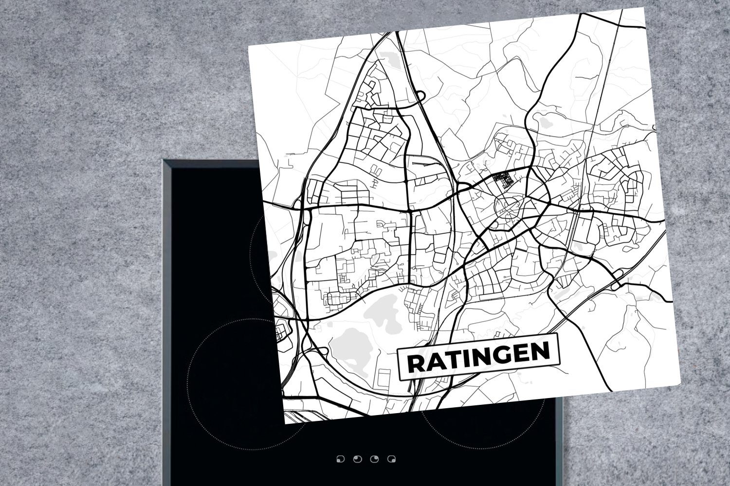 (1 cm, Ceranfeldabdeckung, - küche für 78x78 MuchoWow - tlg), Arbeitsplatte Herdblende-/Abdeckplatte Karte Vinyl, - Karte Stadtplan, Ratingen