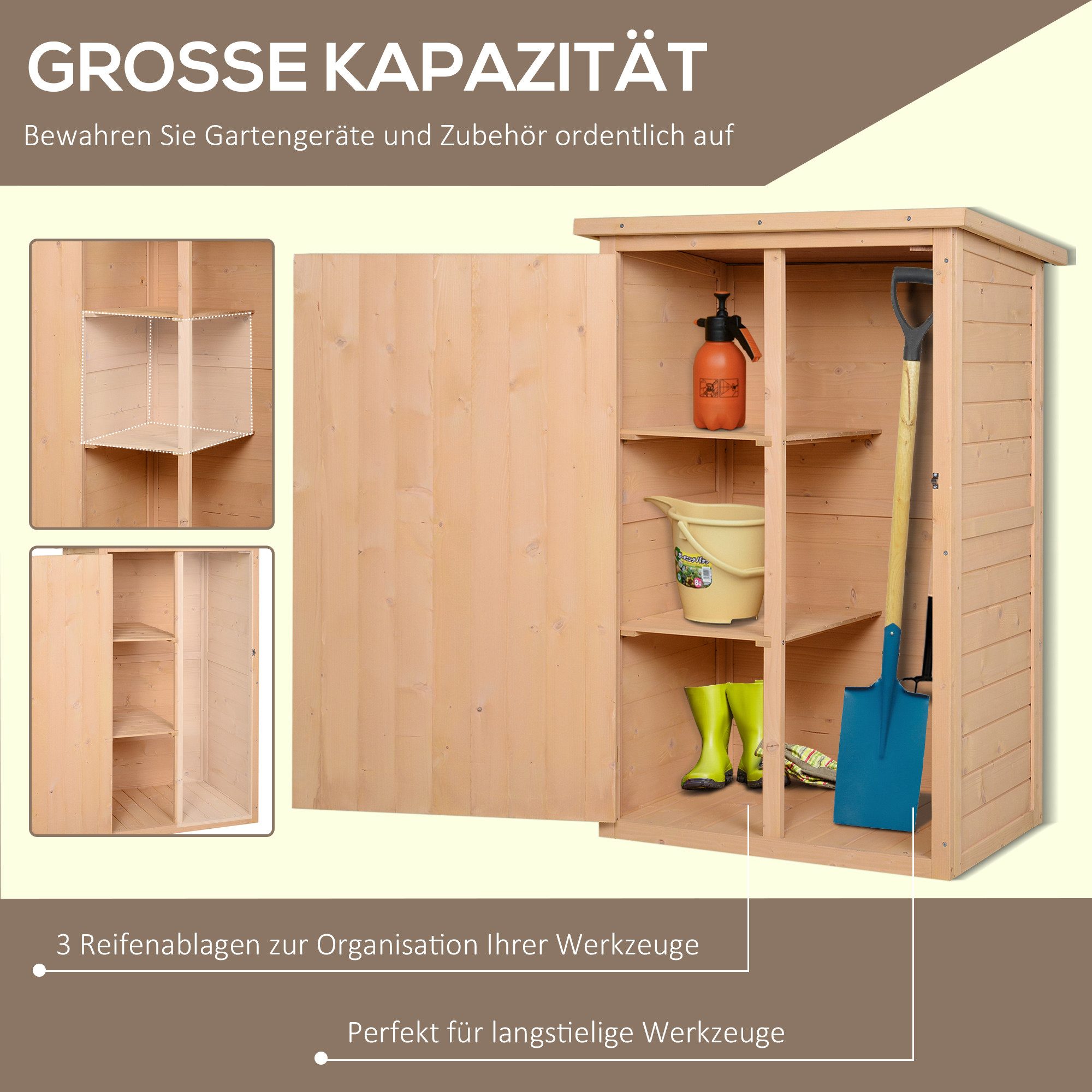 CHICFURN Geräteschrank 75x56x115 cm aus Holz, abschließbar, mit Regalböden (Packung, 1-St., Geräteschuppen & Lagerschuppen für Gartenutensilien) Kompakte Aufbewahrung für kleine Gärten & Terrassen