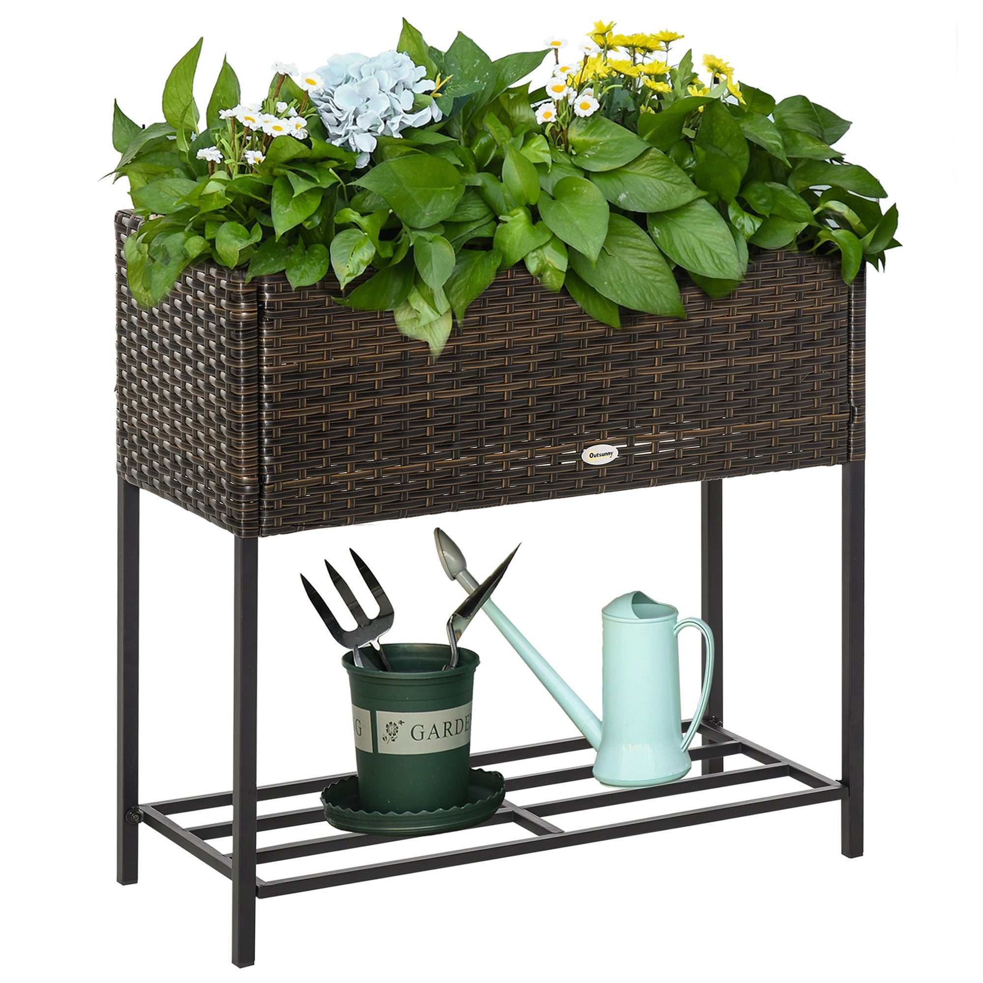 Outsunny Blumenkasten Blumenkasten mit Füßen (Blumentopf, 1 St., Hochbeet), PE Rattan, Metall, Braun