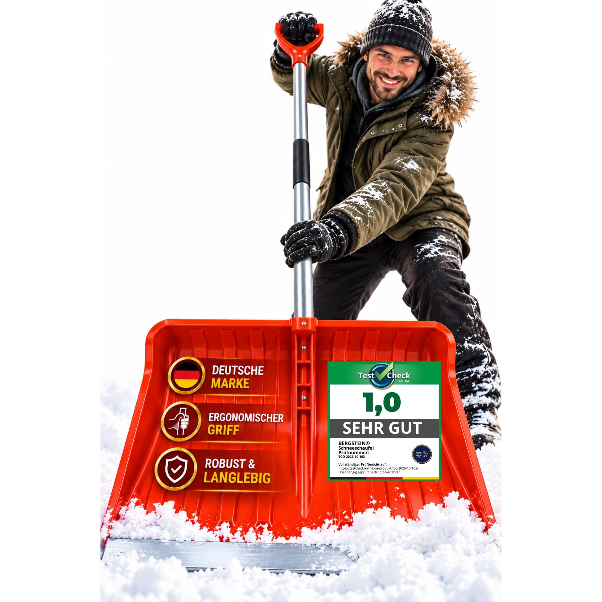 Bergstein Schneeschieber groß [50 cm] Profi Schneeschaufel mit Alu-Stiel und Aluminiumkante, 50 cm Arbeitsbreite, 50 cm breit, 137 cm Alu-Stiel, Aluminiumkante, Made in EU