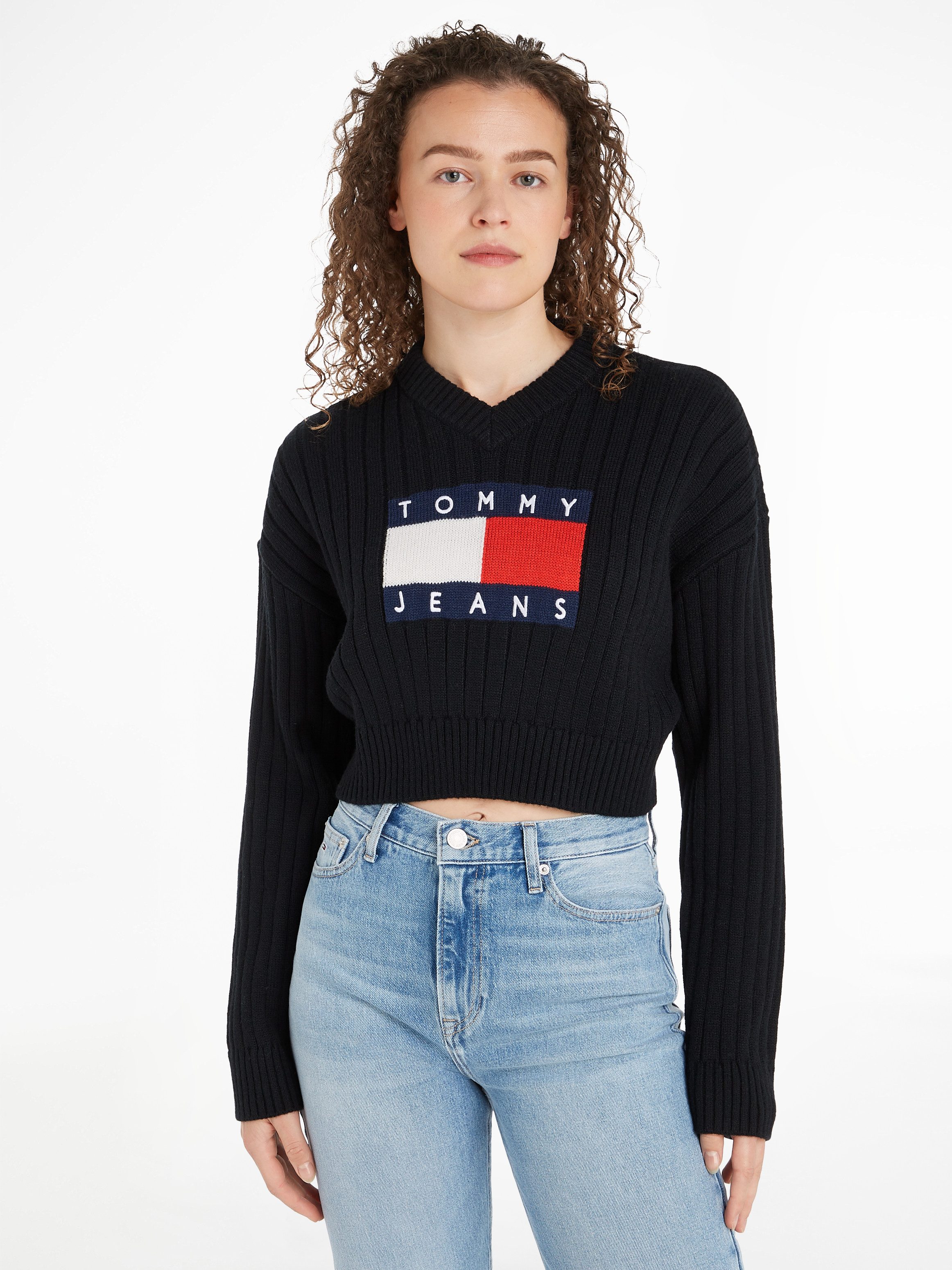 Tommy Jeans Curve V-Ausschnitt-Pullover TJW VNCK CENTER FLAG SWEATER EXT Große Größen