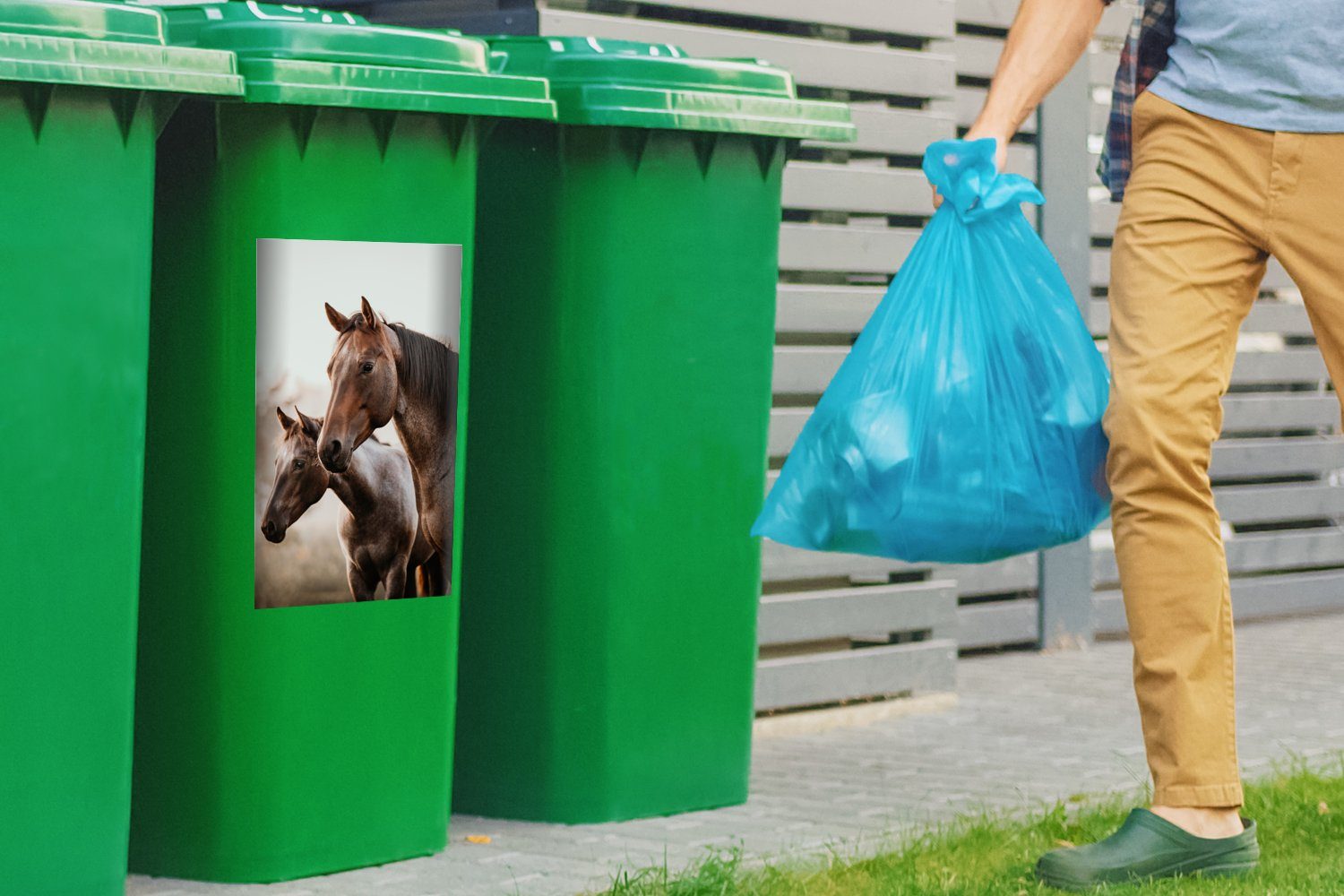 Abfalbehälter Mülltonne, (1 Pferde Mülleimer-aufkleber, - Natur Braun St), Wandsticker Sticker, - Container, MuchoWow