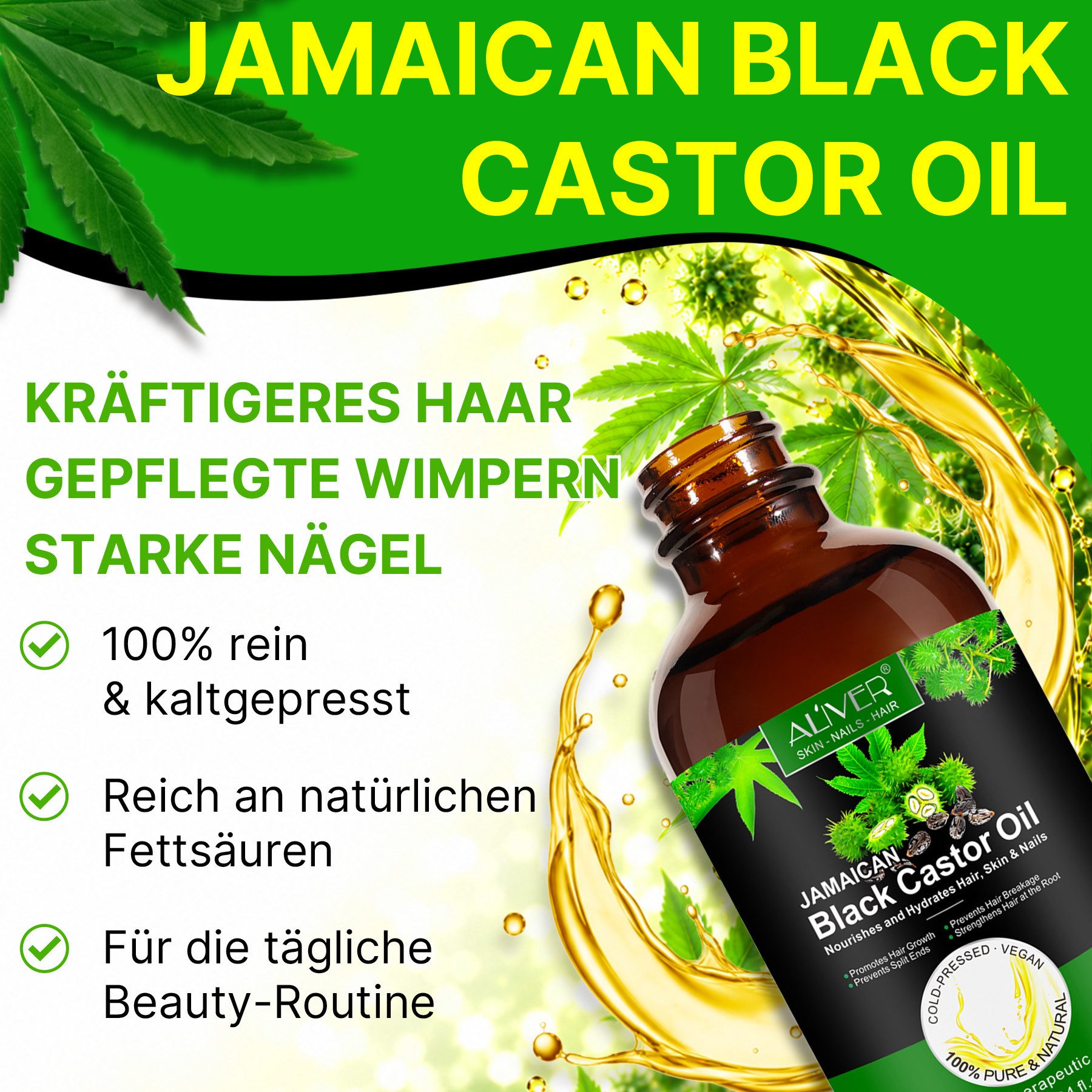 ALIVER Haaröl Rizinusöl Castor Oil Haut Haar Bart Wimpern Augenbrauen Nägel, 1-tlg., Feuchtigkeitscreme, Wimpernpflege, Augenbrauenpflege, Bartpflege