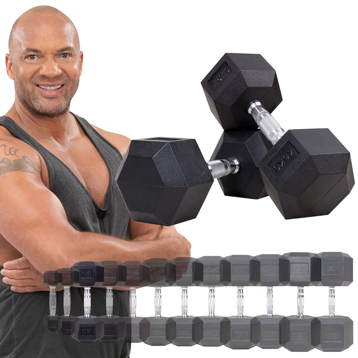 Miweba Sports Hantel-Set Premium Hexagon Kurzhantel Set HGH100 - 7 verschiedene Varianten, (2er-Set, Hantelpaar, Gusseisen-Kern, kreuzgerändelte Struktur, konische Form), Hantelgewichte Gewichte Fitness Sport Hantel Kurzhantel Set