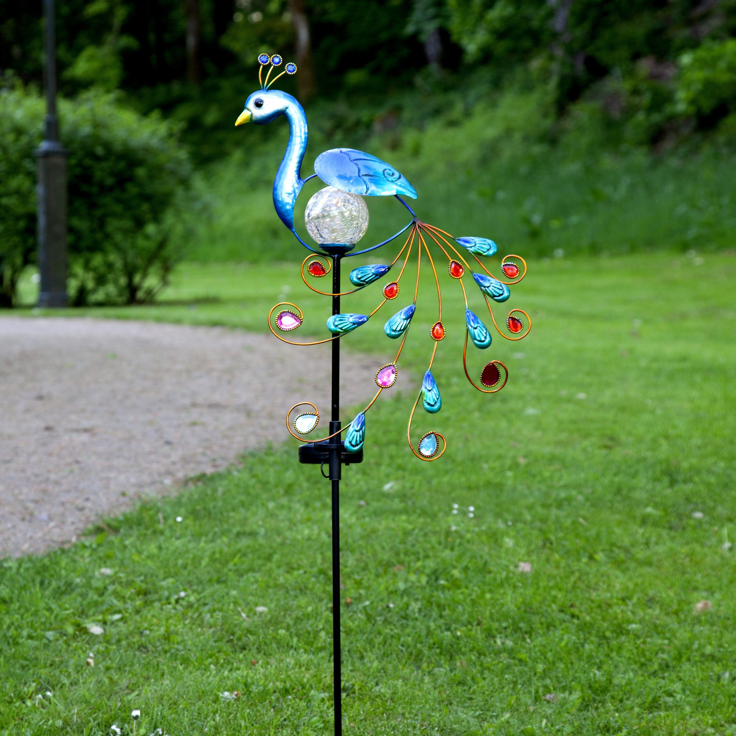 STAR TRADING LED Solarleuchte Peacock, Solar Gartenspieß,Peacock', Pfau, mit Leuchtkugel + Dämmerungssensor