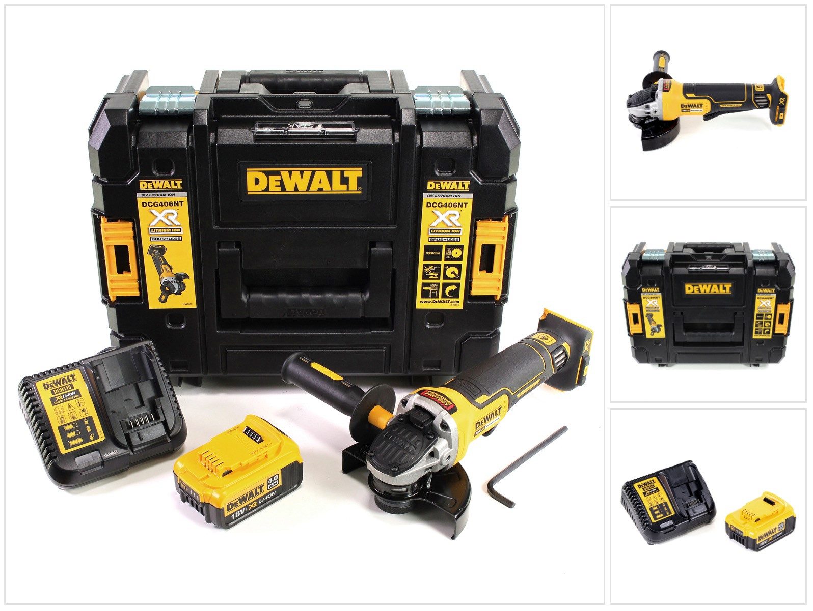 DeWalt Akku-Winkelschleifer DCG 406 M1 18V 125mm Brushless + 1x Akku 4,0Ah + Ladegerät + TSTAK