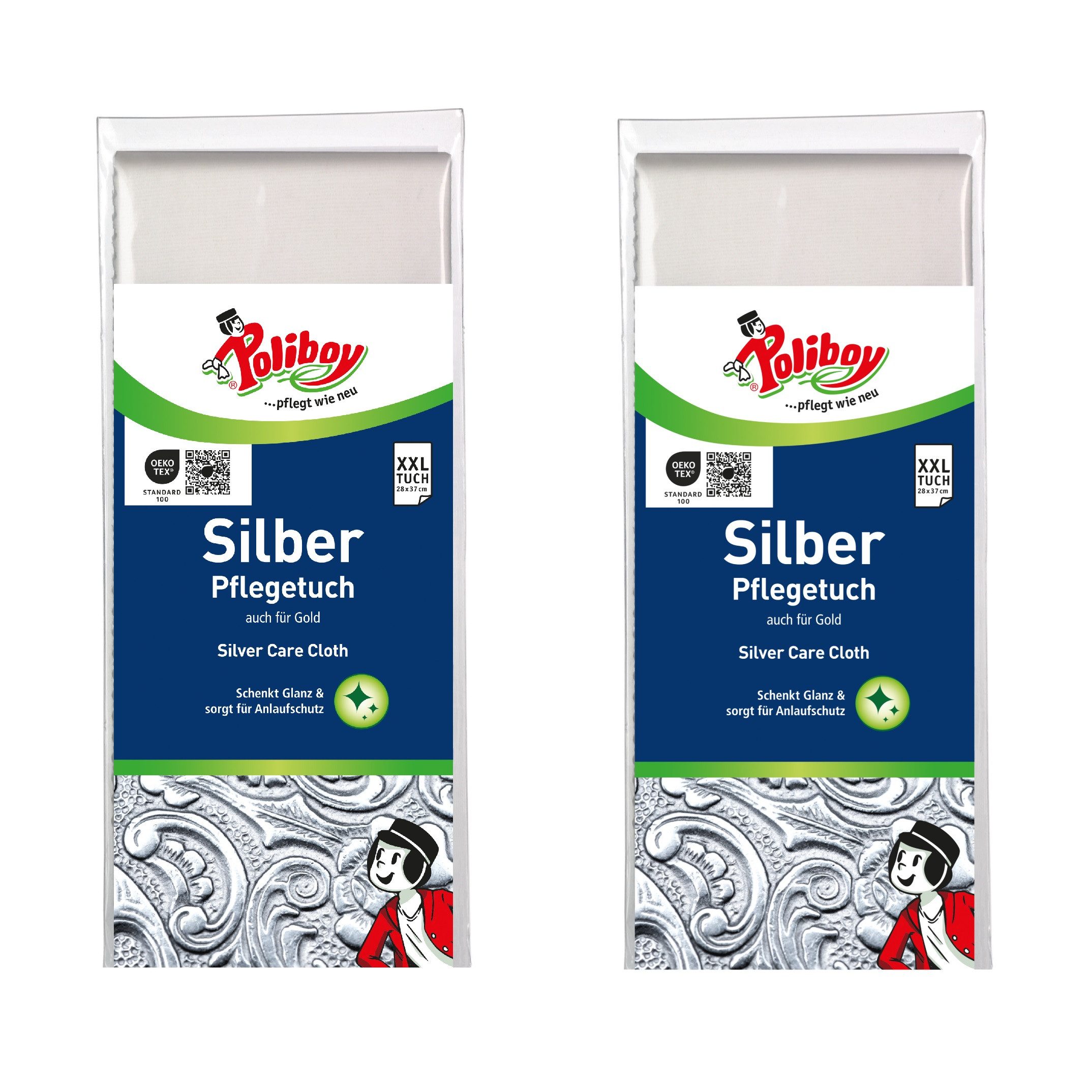 poliboy 2er Silber Pflege - 28x37cm Pflegetuch (37x28 cm, Spezialpoliertuch zur Pflege und Reinigung - Made in Germany)