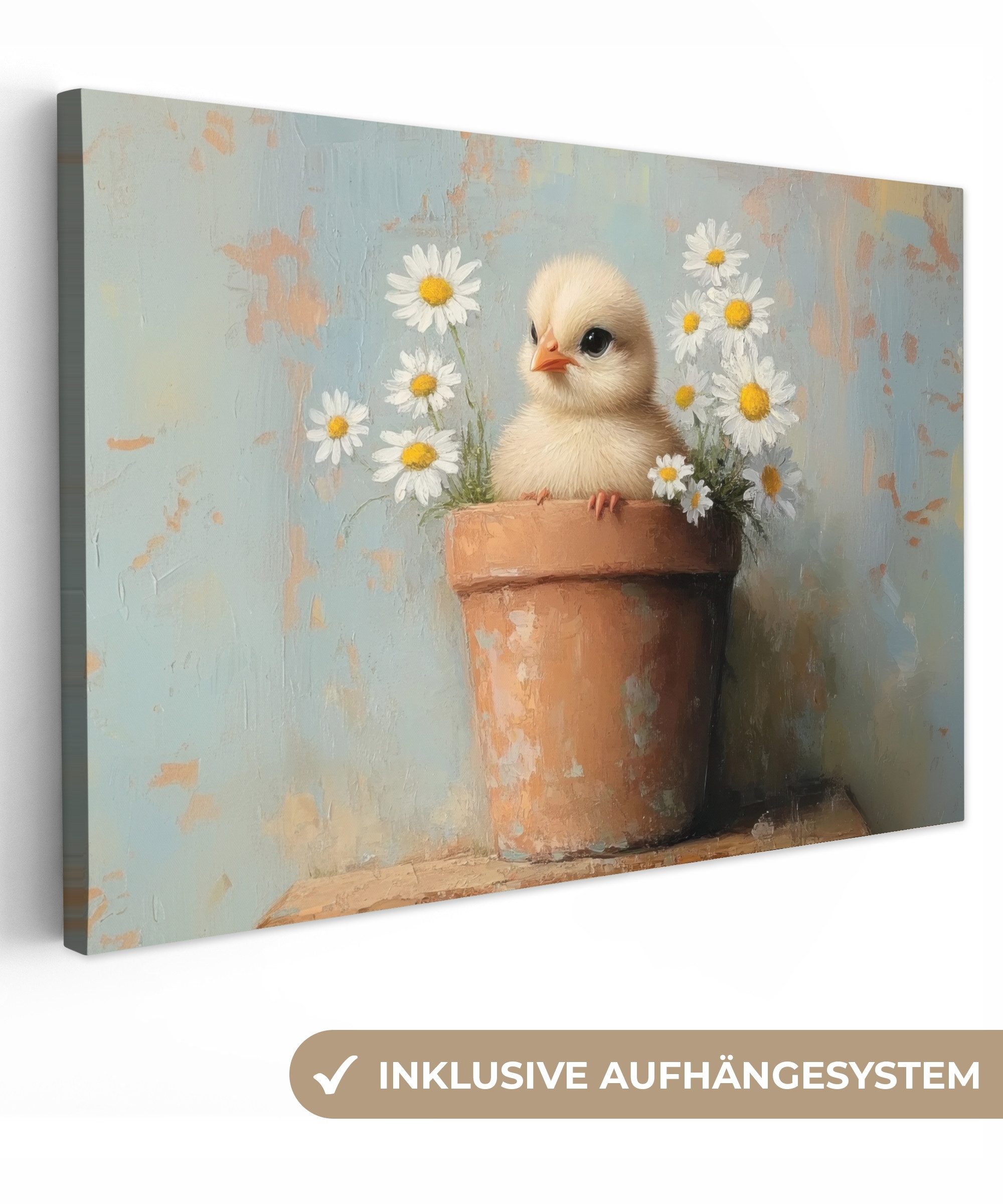 OneMillionCanvasses® Leinwandbild Blumentopf - Küken - Blumen - Ostern Deko, Fotodruck (1 St), Leinwand Bilder Klein, Wand Dekoration Aesthetic 30x20 cm