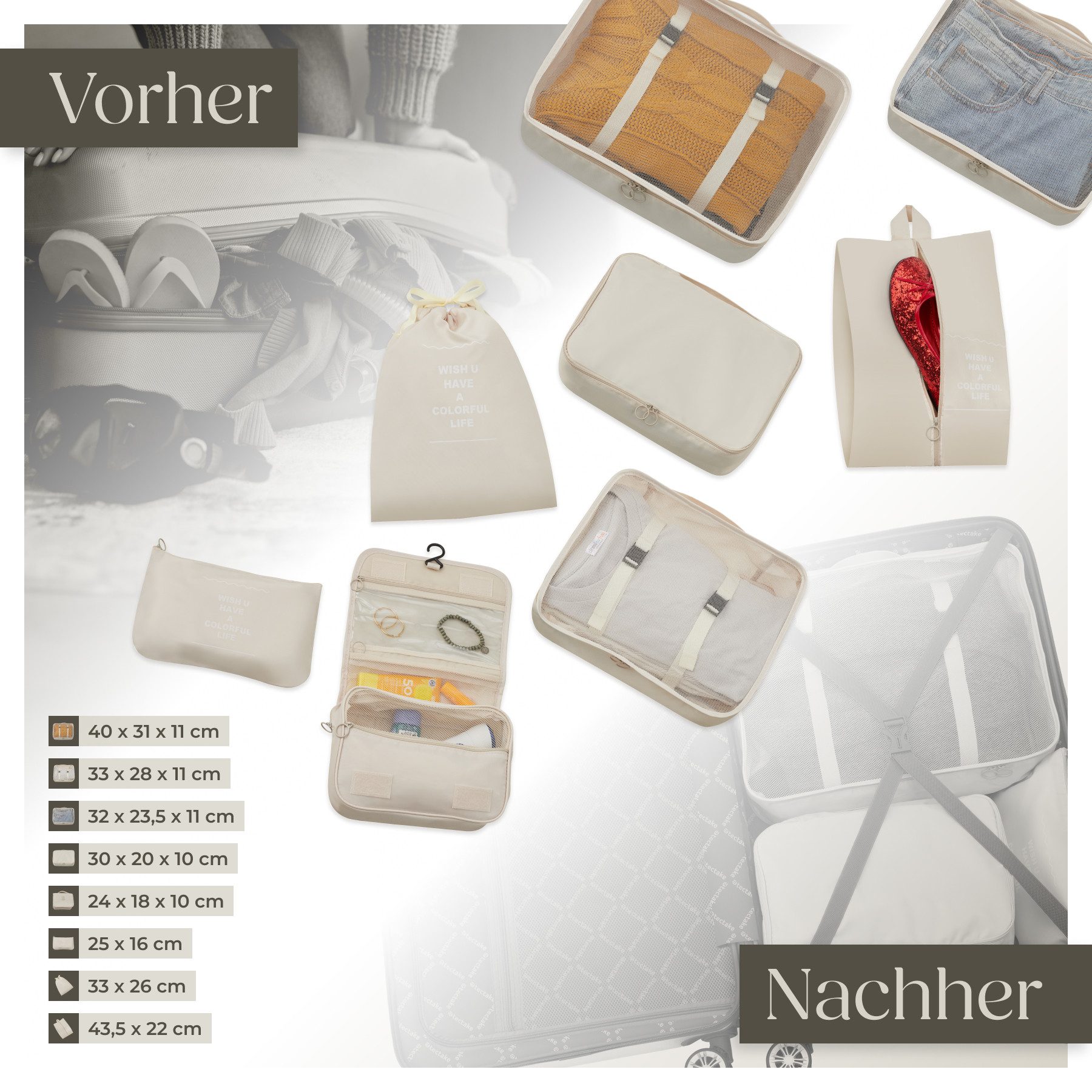 tectake Trolley Reisekofferset, 4 Rollen, 13-teilig, Hartschalen aus robustem ABS-Kunststoff