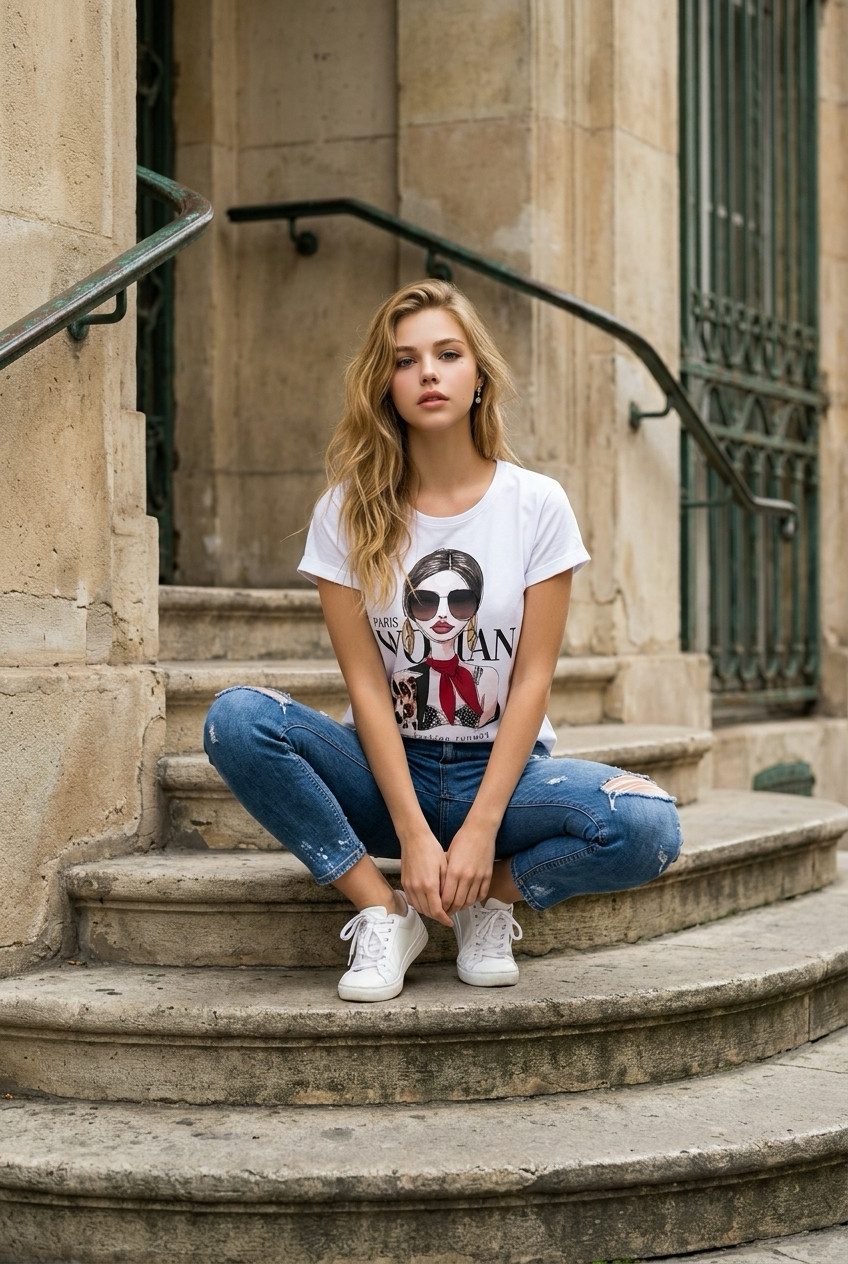 Zuckerwatte Print-Shirt Rundhalsshirt, modischer Frontprint "Paris Woman", aus 100% Baumwolle