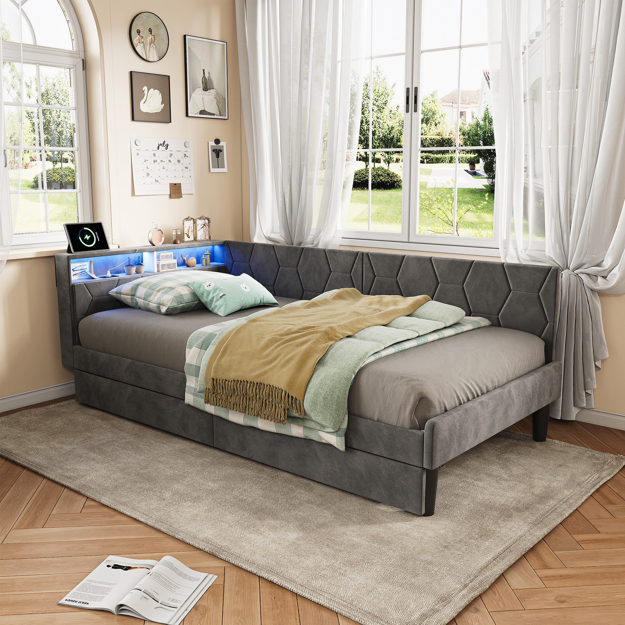 ADWOLT Daybett Tagesbett Polsterbett mit LED-Beleuchtung und Stauraum, Schlafsofa,Jugendbett mit 2 Schubladen und USB,Einzelbett 90x200,Grau
