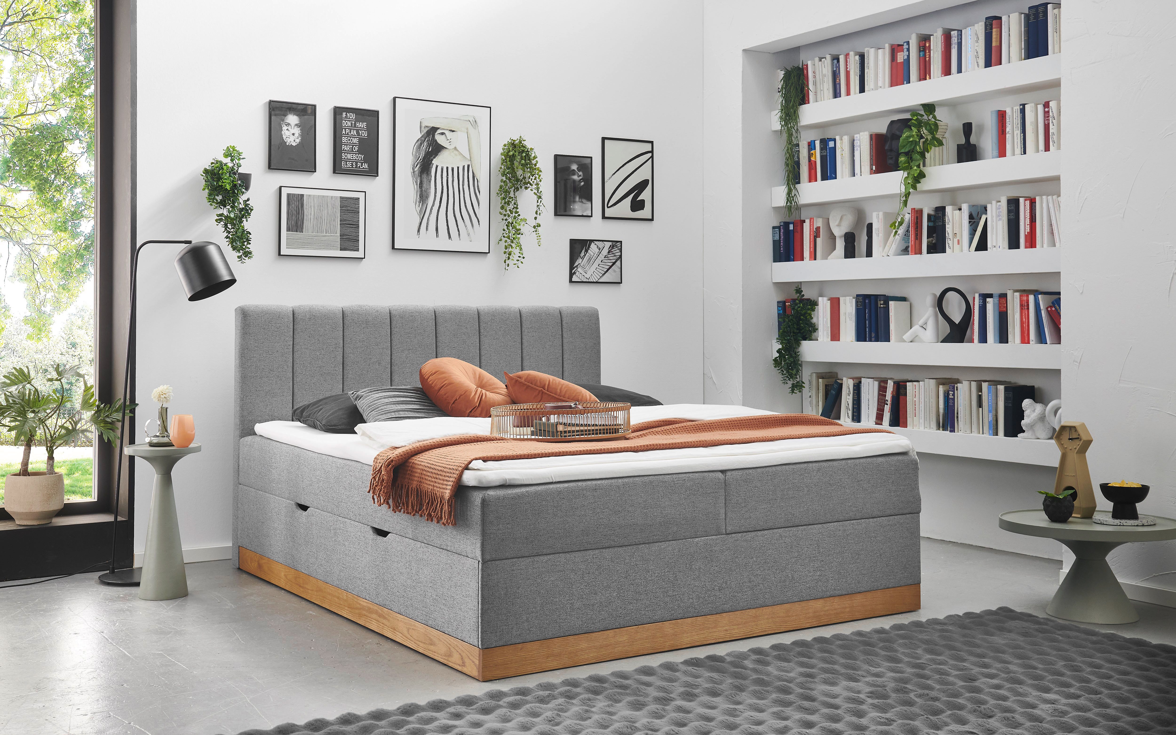 Home affaire Boxbett FRAPELLE, Polsterbett mit Bettkasten und Taschenfederkernmatratze H3, mit Topper, Strukturstoff-Bezug, Sockel eichefarbig, 180x200cm