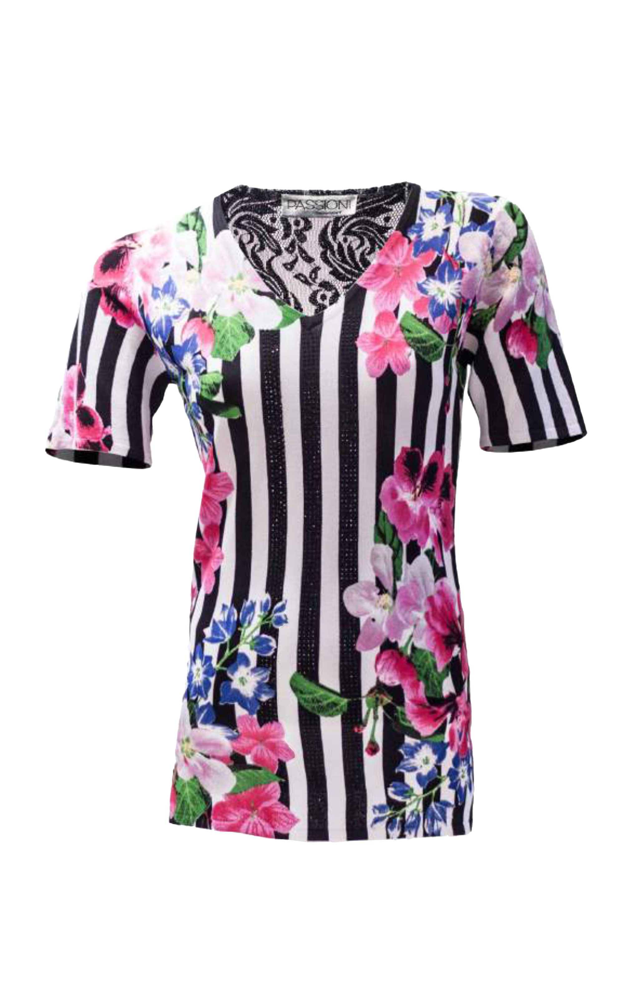 Passioni T-Shirt mit Blumen- und Vertikalstreifendruck günstig online kaufen