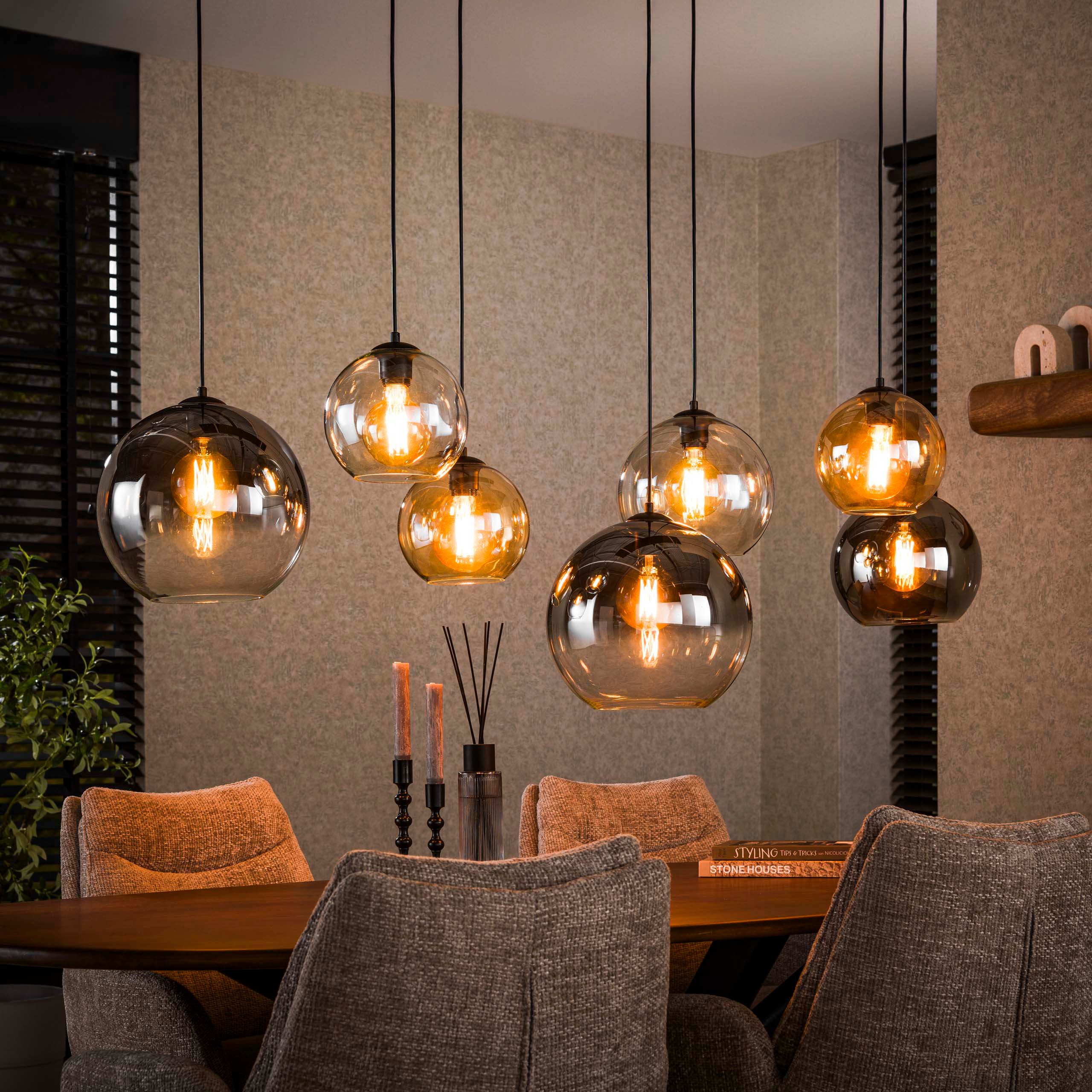 leven! Annekathrin Storkebaum Pendelleuchte Pendellampe Hängelampe TRICOLOR XL mit 7 Glaskugeln, 3 verschiedenen Farben: chrom, bernstein, hellgrau - warmes Licht