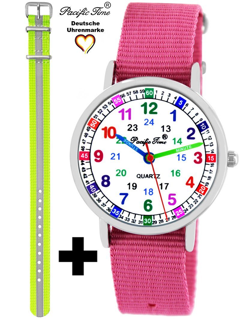 Pacific Time Quarzuhr Set Kinder Armbanduhr Lernuhr Wechselarmband, Mix und Match Design - Gratis Versand rosa und Reflektor gelb