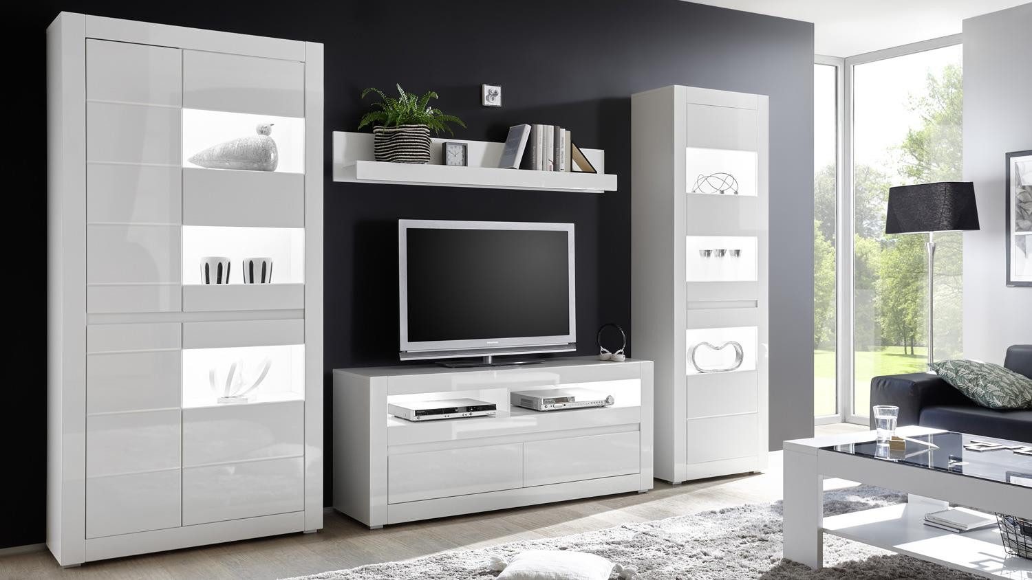 Möbel Akut Wohnwand Wohnwand 2 Carat Anbauwand Wohnzimmer weiß Hochglanz, (4-St)