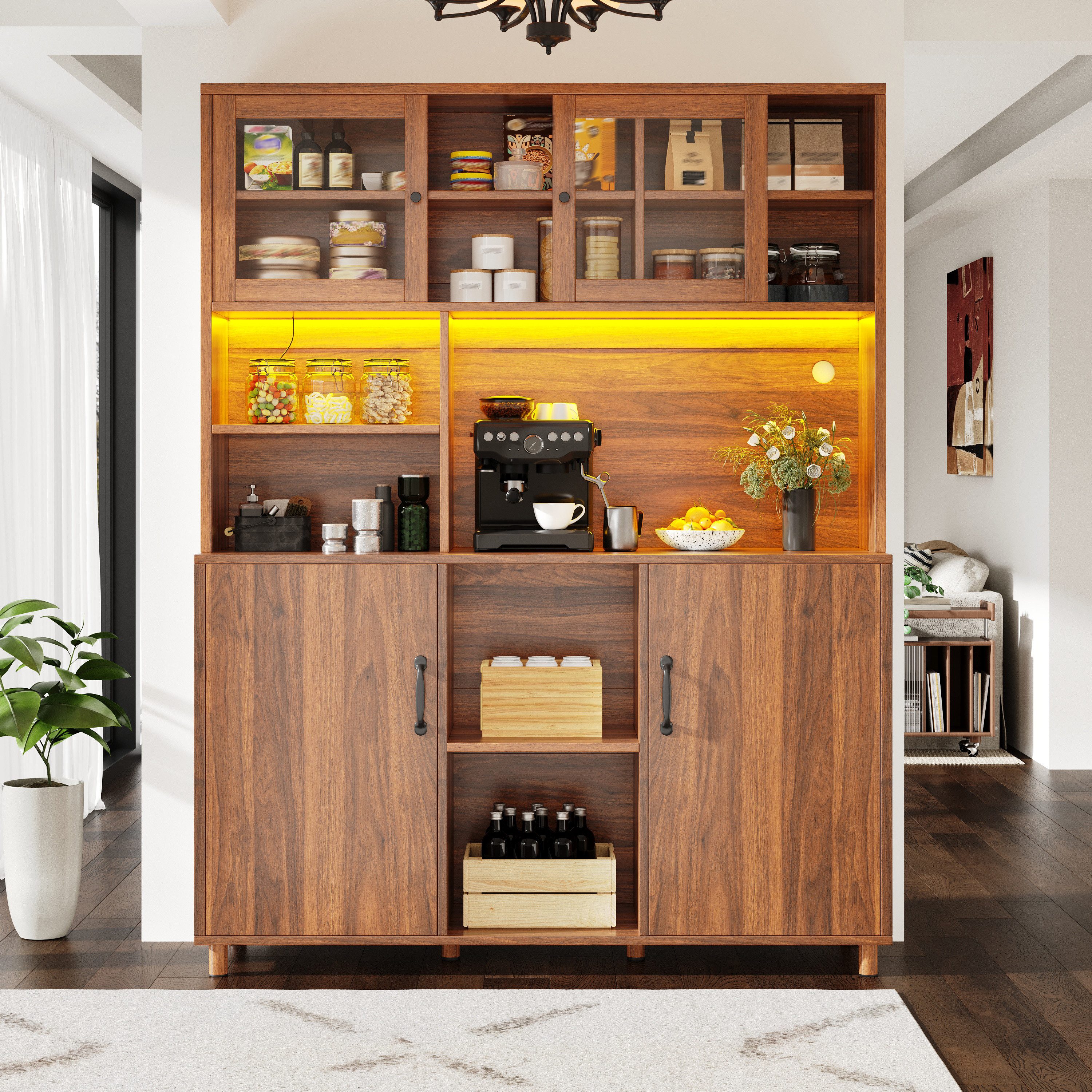 Celya Hochschrank Küchenschrank,Esszimmerschrank,Schränke mit LED-Beleuchtung (mit LED-Beleuchtung, Snackablage,Retro-Stil) ideal für Küche, Esszimmer oder Wohnbereich