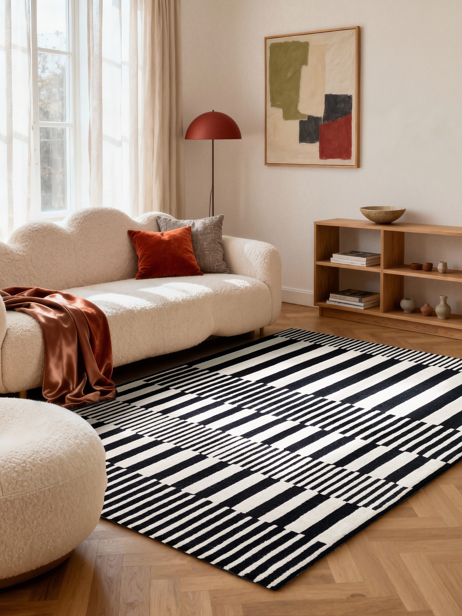 ELLE DECORATION Wollteppich Pulse, rechteckig, Höhe: 12 mm, Wolle, Natur, Wohnzimmer, schwarz weiss, Modern, Geometrisch, Streifen
