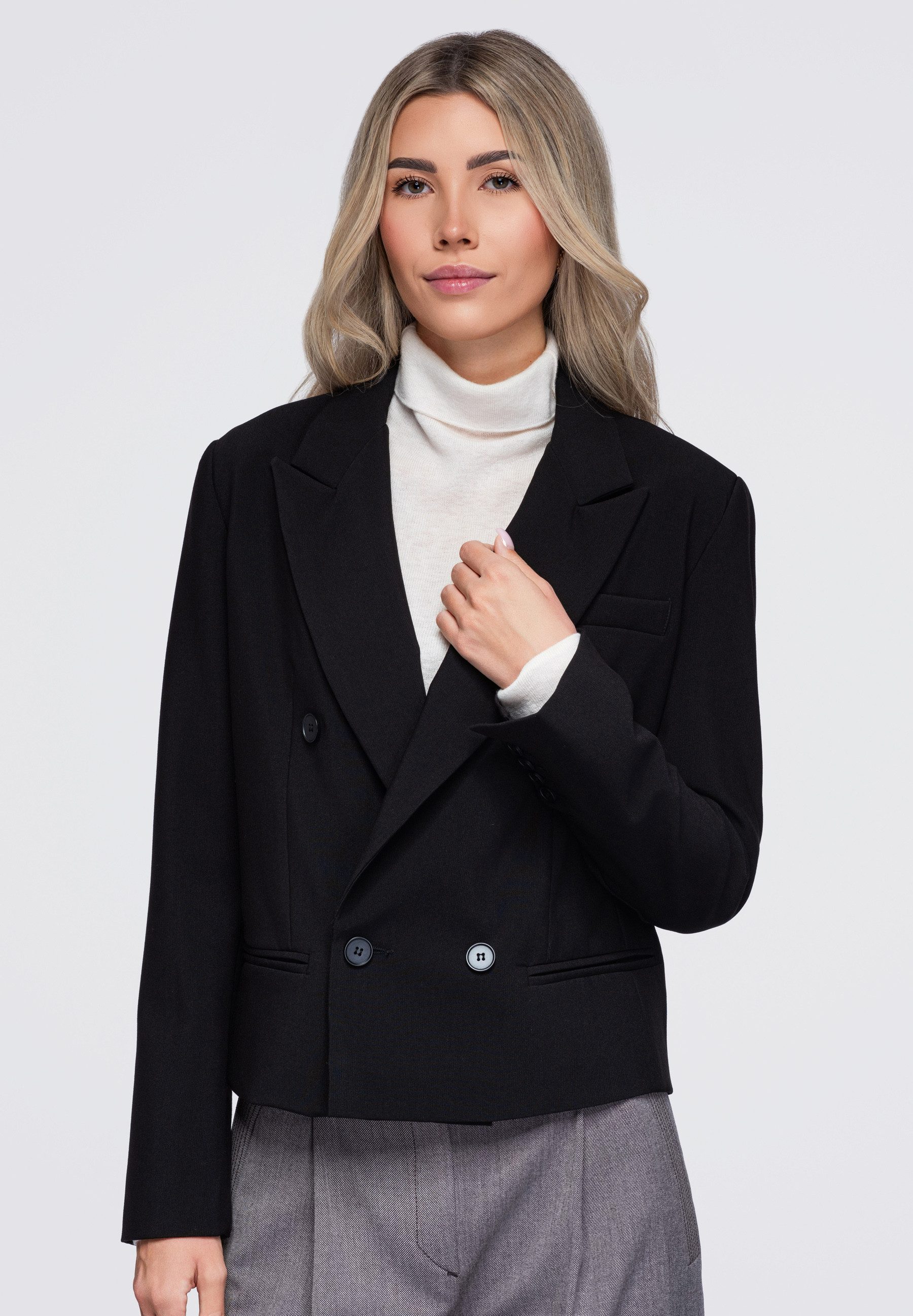 OMBRE Kurzblazer Damen Kurzblazer Slim Fit Elegant mit breitem Revers Schwarz XS (kein Set, 1-tlg) in Unifarbe