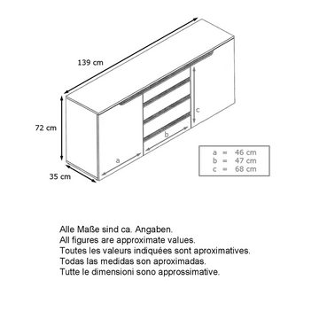Vladon Sideboard Sylt (Kommode, mit 2 Türen und 4 Schubladen), Weiß matt/Schwarz Hochglanz/Weiß Hochglanz (139 x 72 x 35)