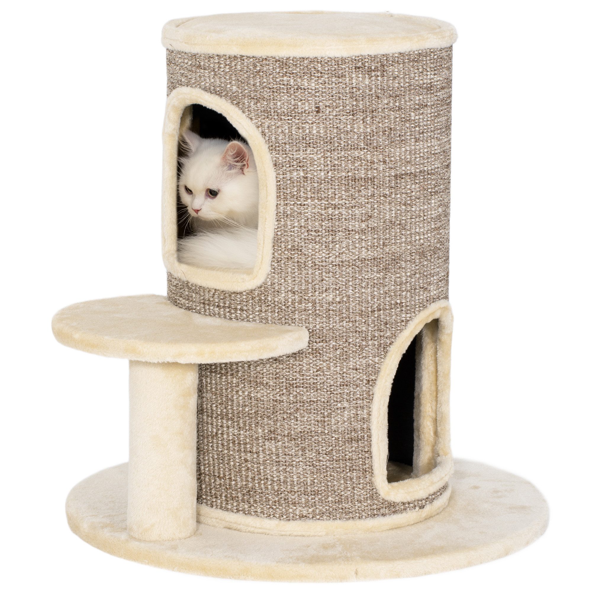 PawHut Kratztonne 61 cm hoch, (Katzenturm, 1-tlg., Zweistöckige Katzentonne mit Sisalseil), Beige+Braun