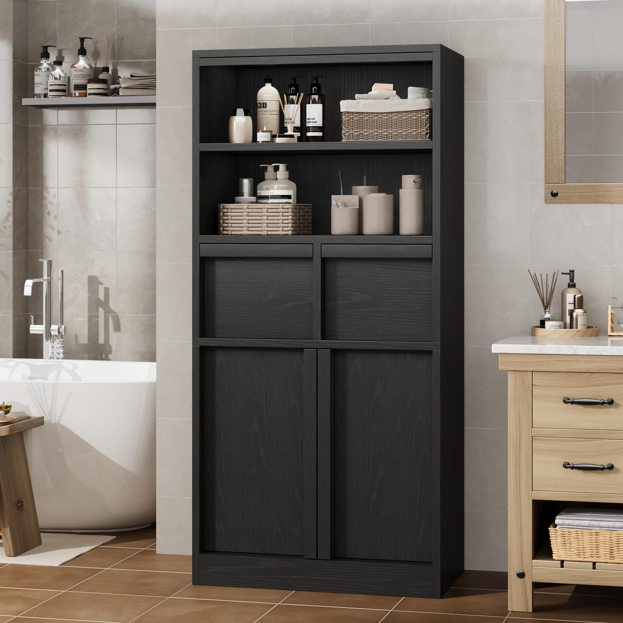 GarveeMore Badkommode Badezimmerschrank Badschrank mit 2 Schubladen 60x30x130