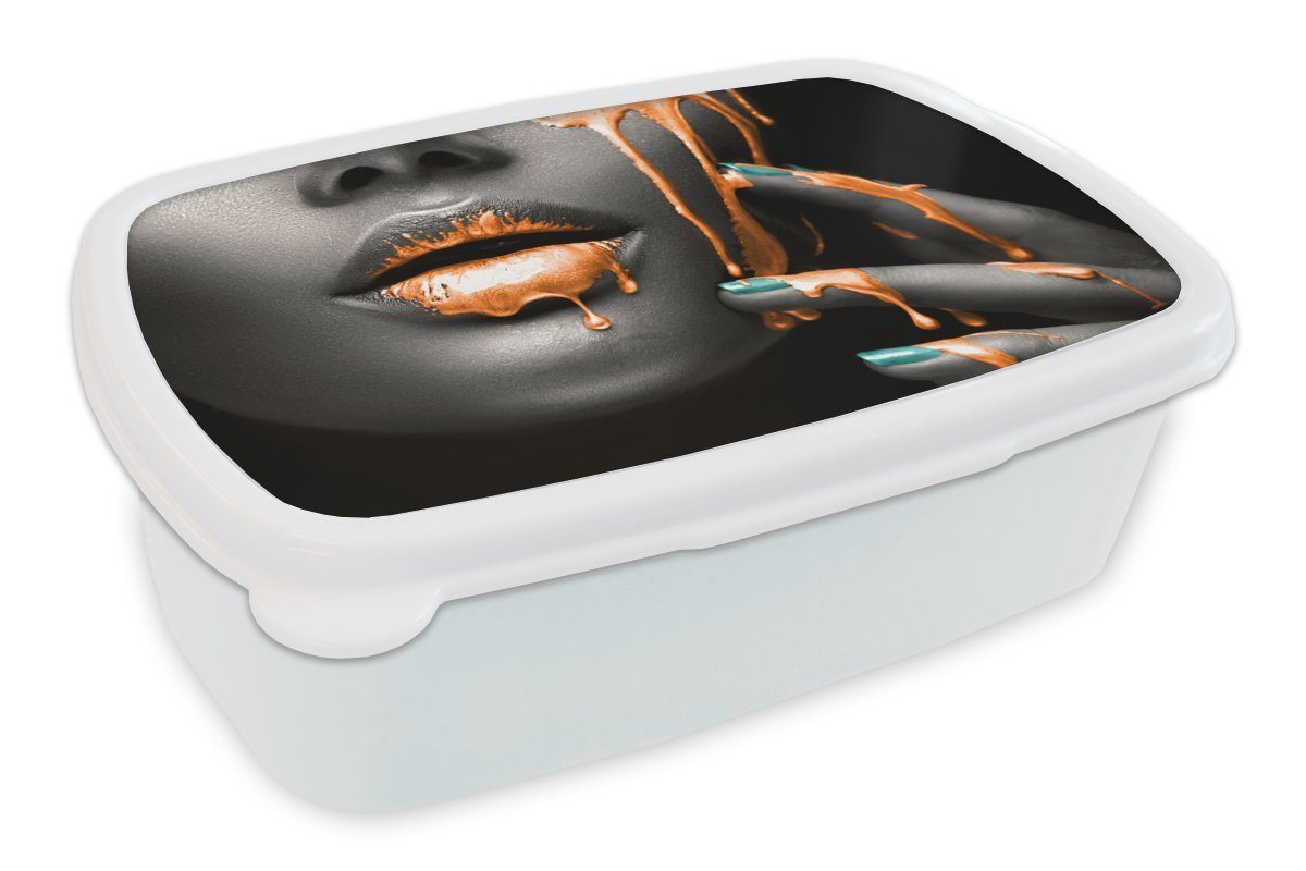 MuchoWow Lunchbox Lippen - Orange - Schwarz, Kunststoff, (2-tlg), Brotbox für Kinder und Erwachsene, Brotdose, für Jungs und Mädchen weiß | Lunchboxen