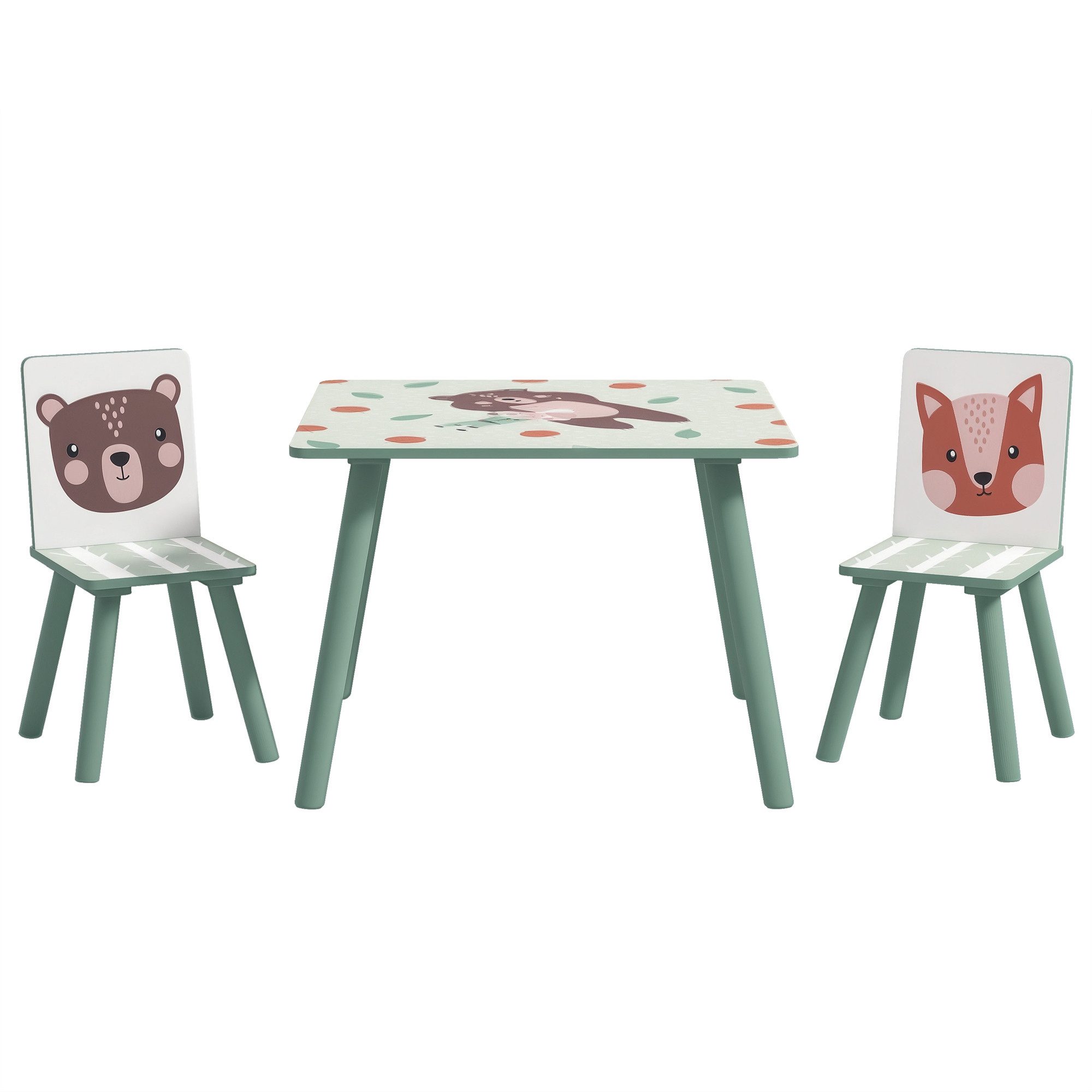 ZONEKIZ Kindersitzgruppe Kindertisch mit Tiermotiv, Kindermöbel für Kinderzimmer, (Kinderschreibtisch, 3-tlg., Stühle), 3-teilige Set für Schlafzimmer, Kindergarten, Spielzimmer, Grün