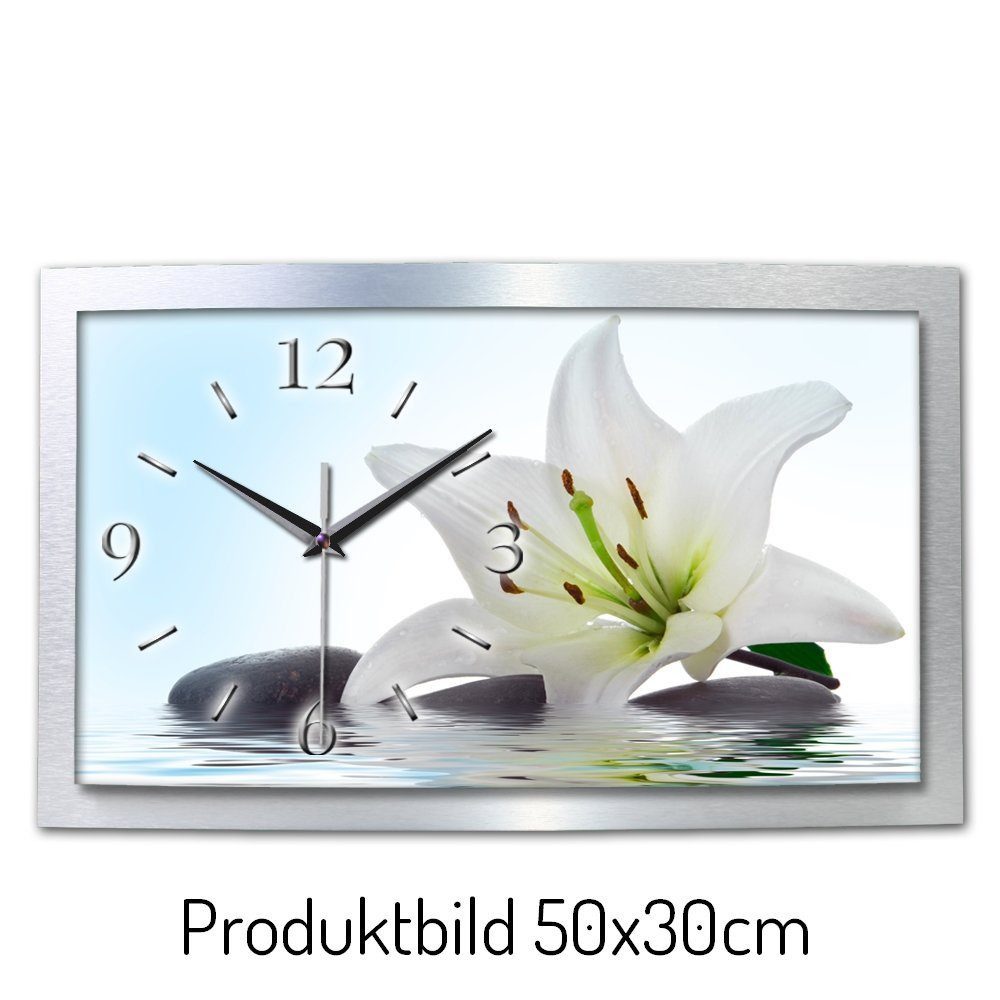Kreative Feder Funkwanduhr „Weiße Lilie“ 3D Designer Wanduhr aus Alu, leise (ohne Ticken, Quarz oder Funkuhrwerk, verschiedene Größen)