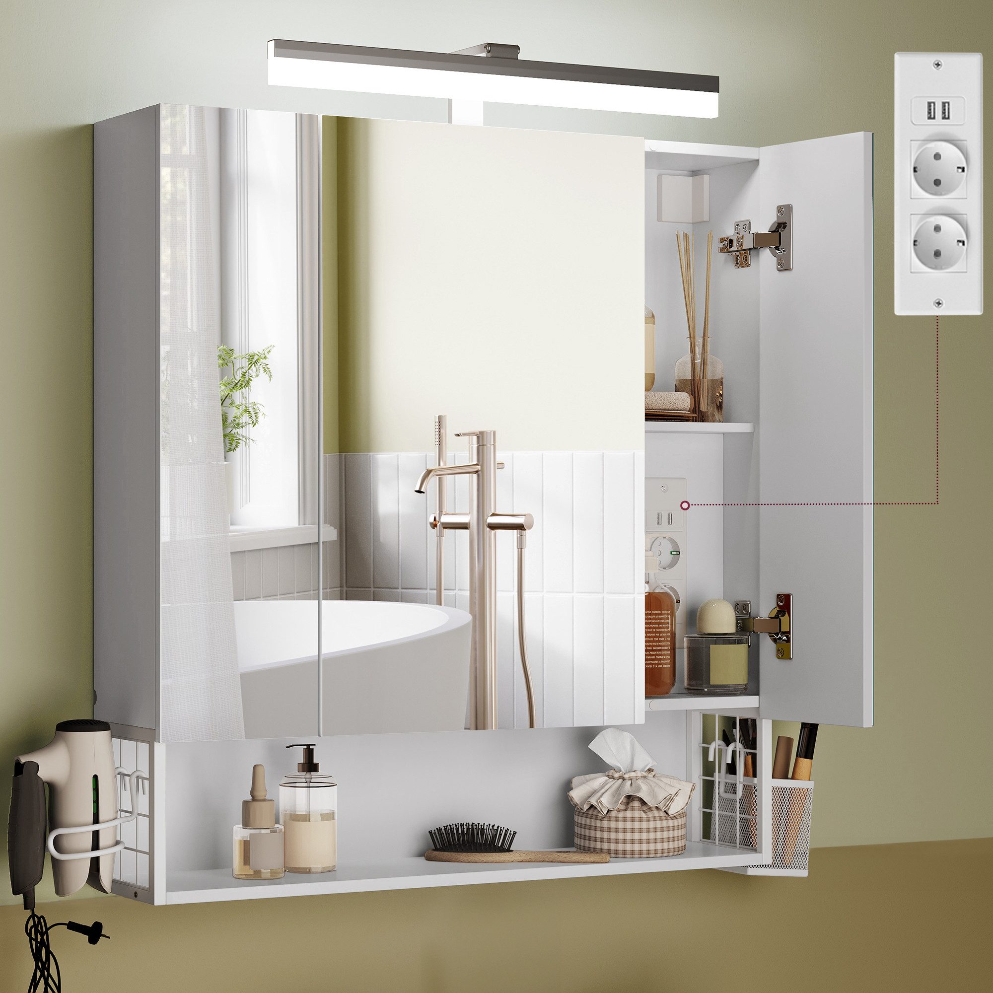 VASAGLE Spiegelschrank Badezimmerschrank Breite 70-90cm, 90° drehbar LED, m günstig online kaufen