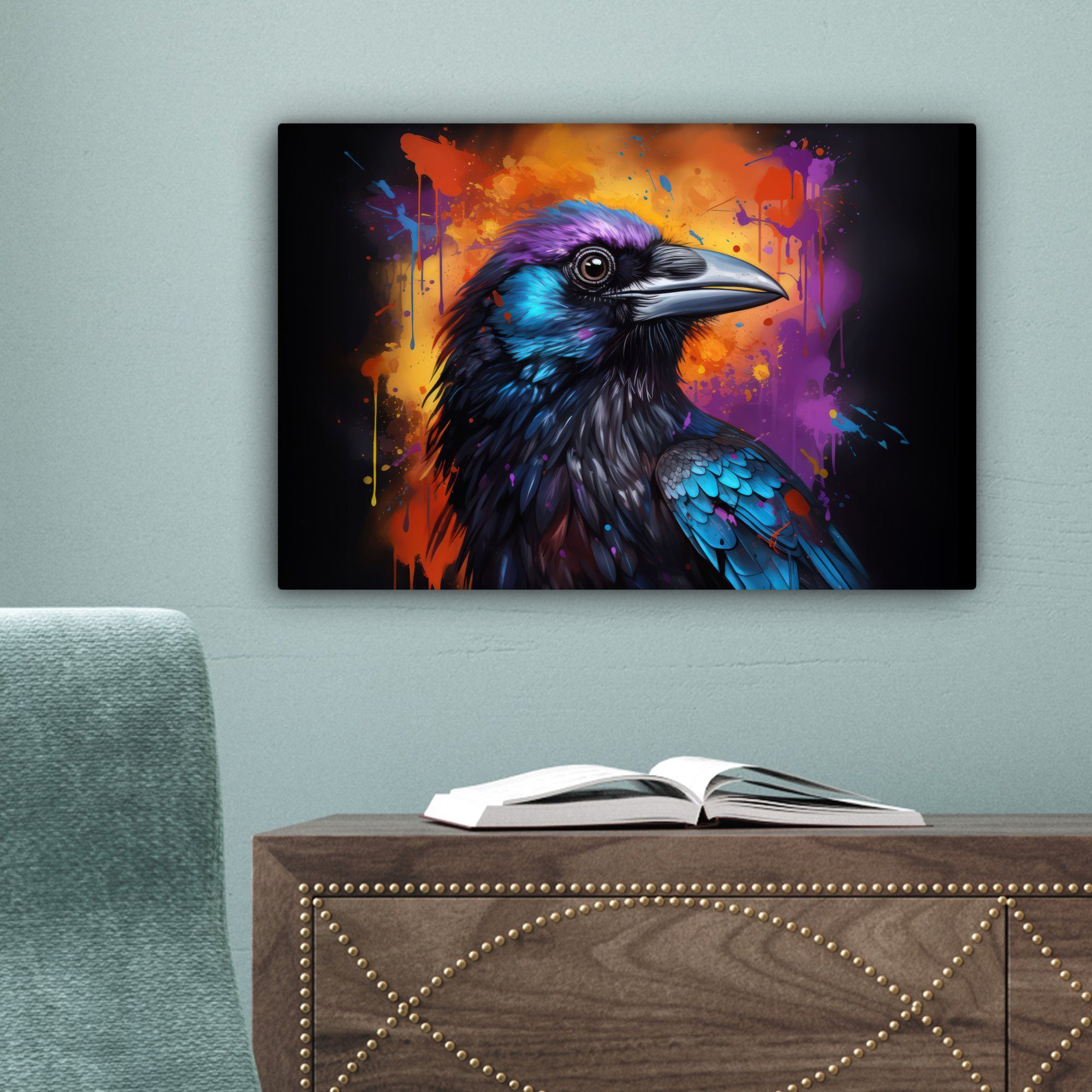 Wandbild - St), (1 30x20 cm - Wanddeko, OneMillionCanvasses® Schwarz Tiere, Leinwandbilder, - Leinwandbild - Graffiti Aufhängefertig, Krähe Vogel