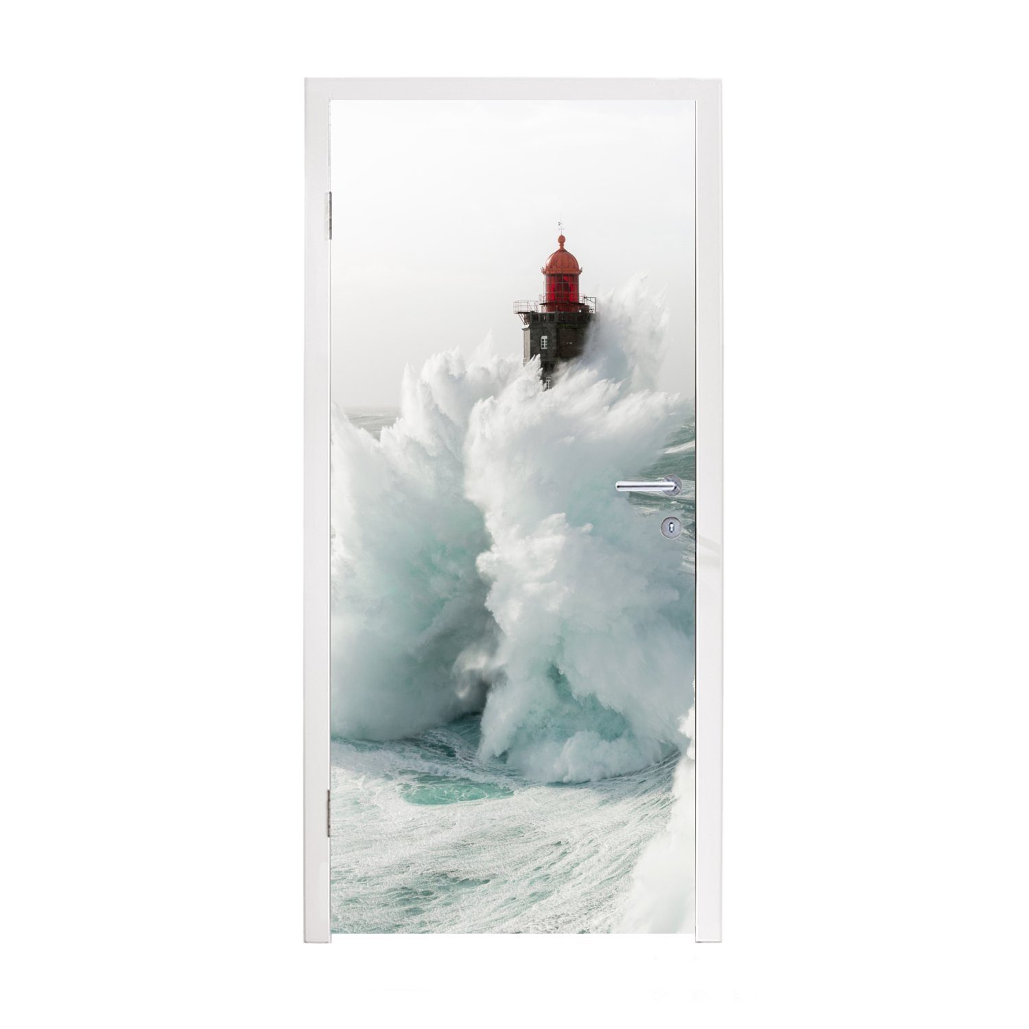 MuchoWow Türtapete Der französische Leuchtturm von La Jument im Sturm, Matt, bedruckt, (1 St), Fototapete für Tür, Türaufkleber, 75x205 cm