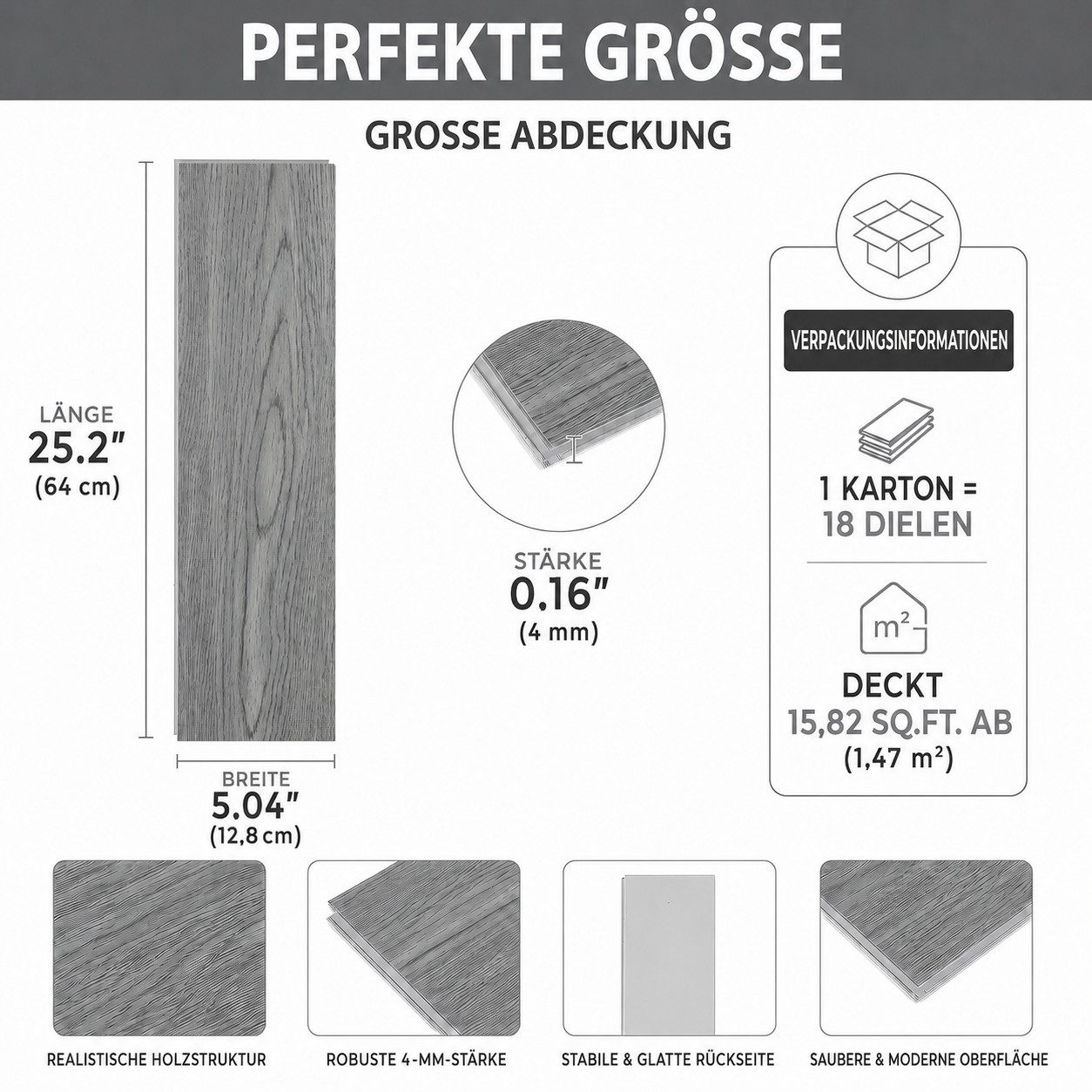 BlingBin Vinylboden Klick Hartvinylboden Rigid SPC Landhausdiele Holzoptik, verformt sich kaum, schimmelresistent und korrosionsbeständig, 18er Set, 128 x 640 x 4 mm, SPC-Klickbodenbelag, 4mm stark, wasserfest, für Wohnräume, Küche, Flur