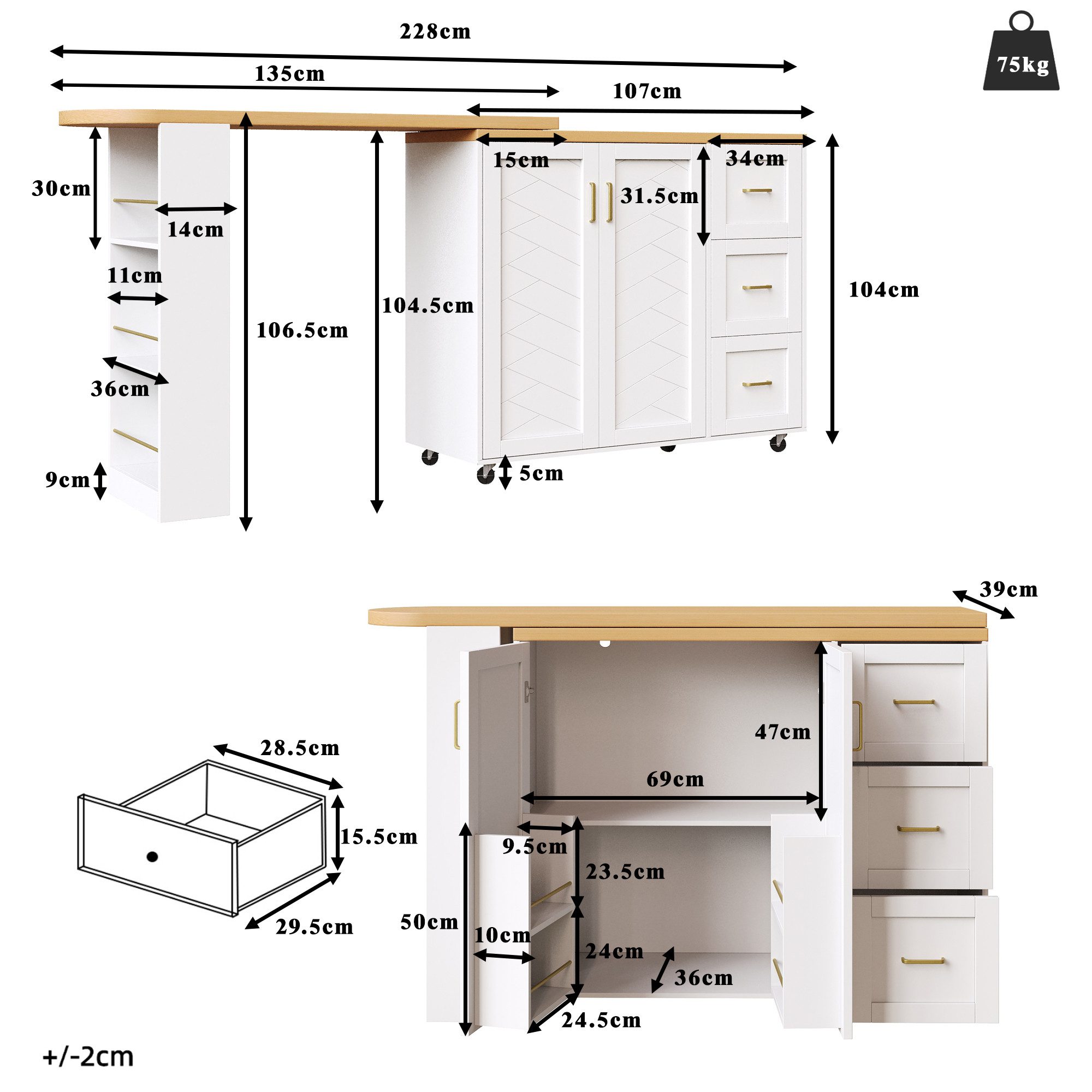 Flieks Bartisch 360° drehbar Esstisch & Mehrzweckschrank (Arbeitsplatte in Holzoptik, Set, 2-St., Stehtisch & Kommode mit Rollen, 3 Schubladen und Türablagen We – Bild 5 von 5