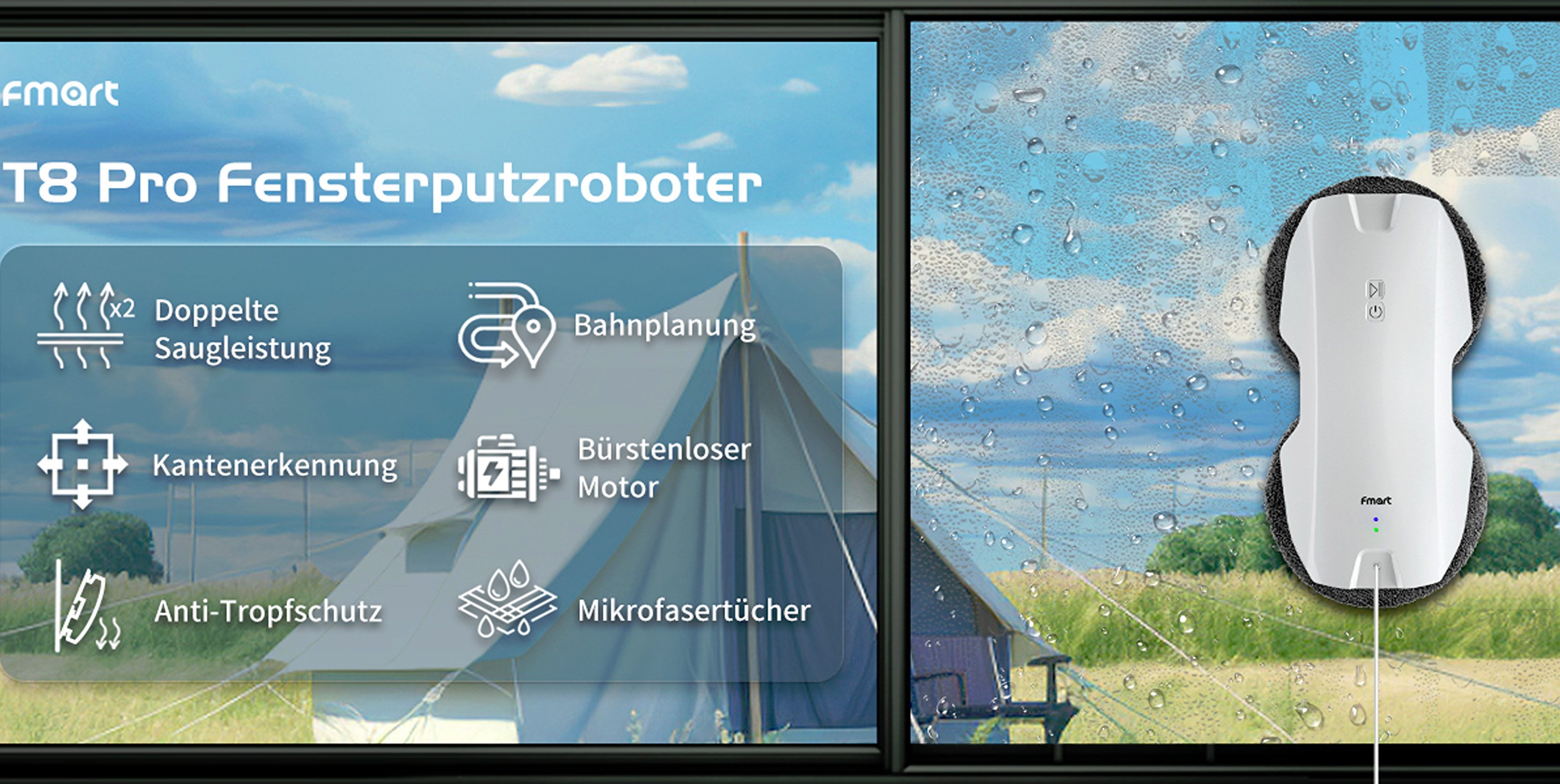 Fmart Fensterputzroboter von K-home Automatischer Glasreinigungsroboter Fenstersauger, Selbstregulierende Saugleistung 3800 Pa