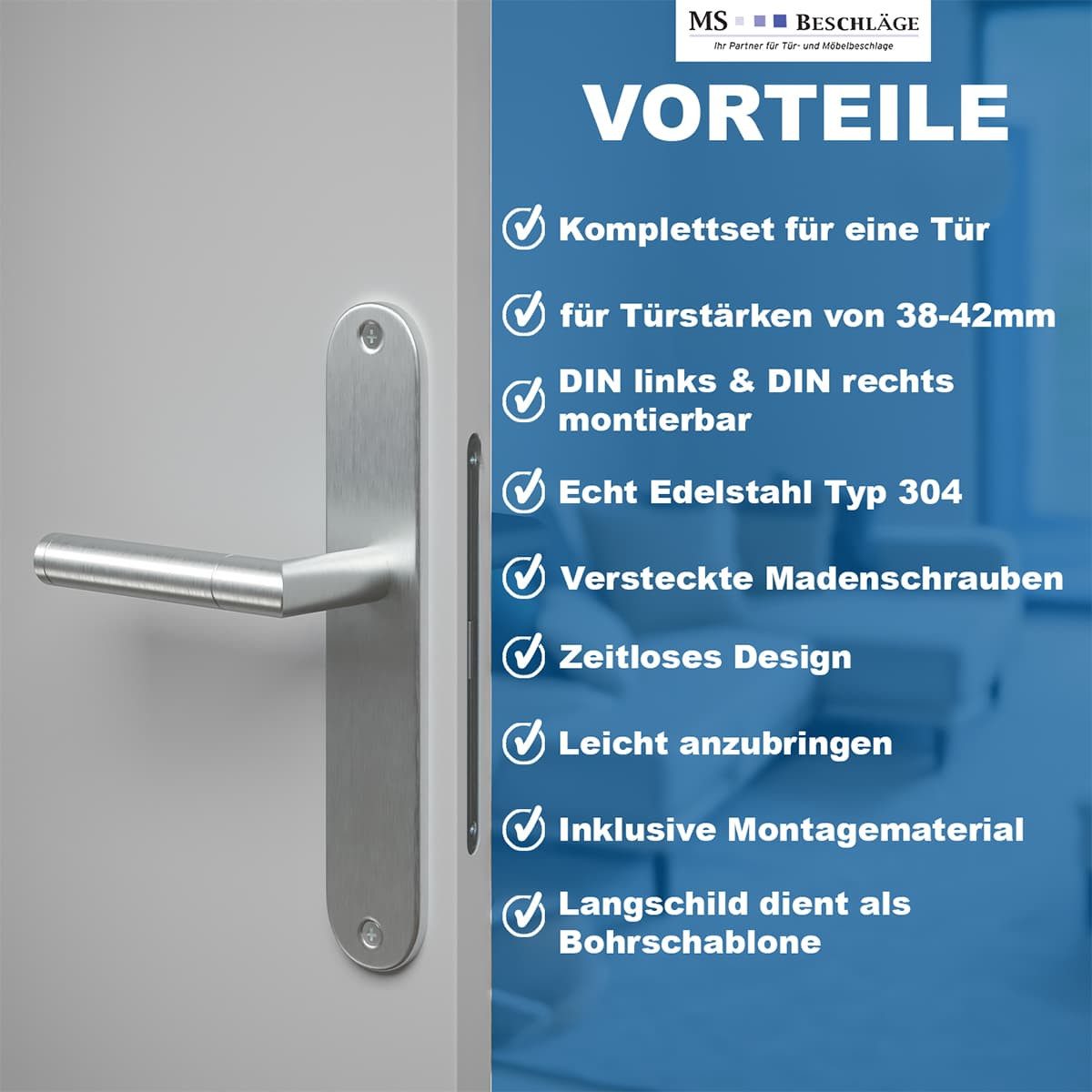 MS Beschläge Türgriff Edelstahl Langschildgarnitur Türdrücker Türklinke, Schildgarnitur 240x50mm - ungelocht (Blind) – Bild 5 von 5