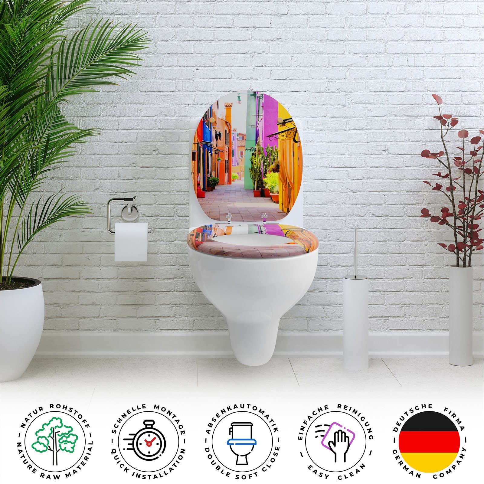Sanfino WC-Sitz „Colorful Houses“ hochwertiger Toilettendeckel mit Absenkautomatik, aus Holz, viele bunte Motive, hoher Sitzkomfort, einfache Montage – Bild 4 von 5