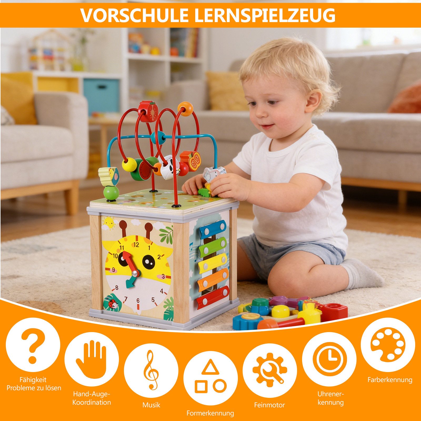 BlingBin Motorikwürfel Lernspielzeug Holz Cube 10 in 1, Aktivitätswürfel Spielzeug ab 1 Jahr, (1er Set, 1-tlg), Frühes Lernspielzeug Babys Montessori-Spielzeug für Kleinkinder Baby
