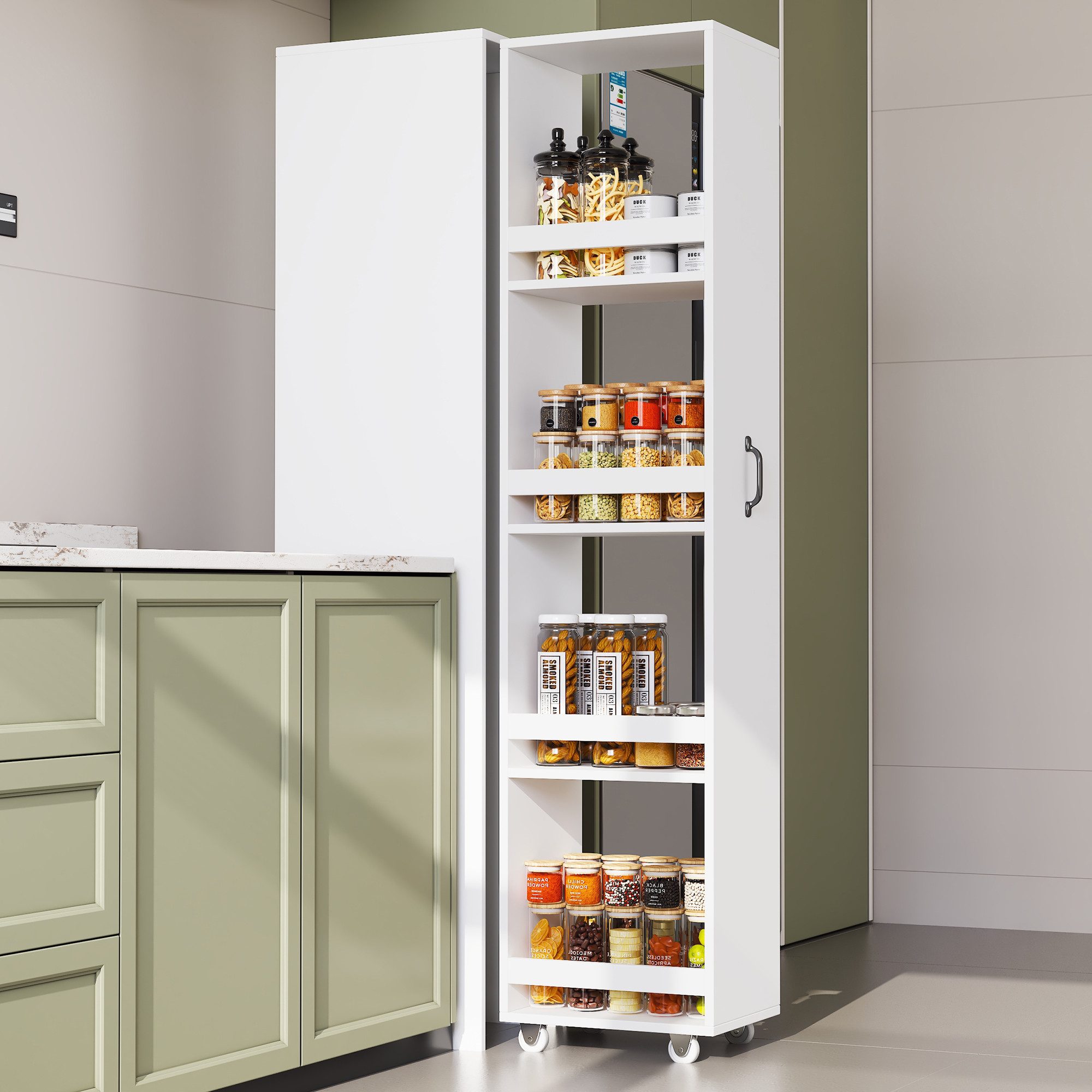Flieks Bücherregal multifunktionaler Hochschrank Speicherregal 4 Ebenen mit Rollen, 1-tlg., schmal Mehrzweckschrank Highboard mit 4-stufiges Schubladen Weiß – Bild 2 von 5