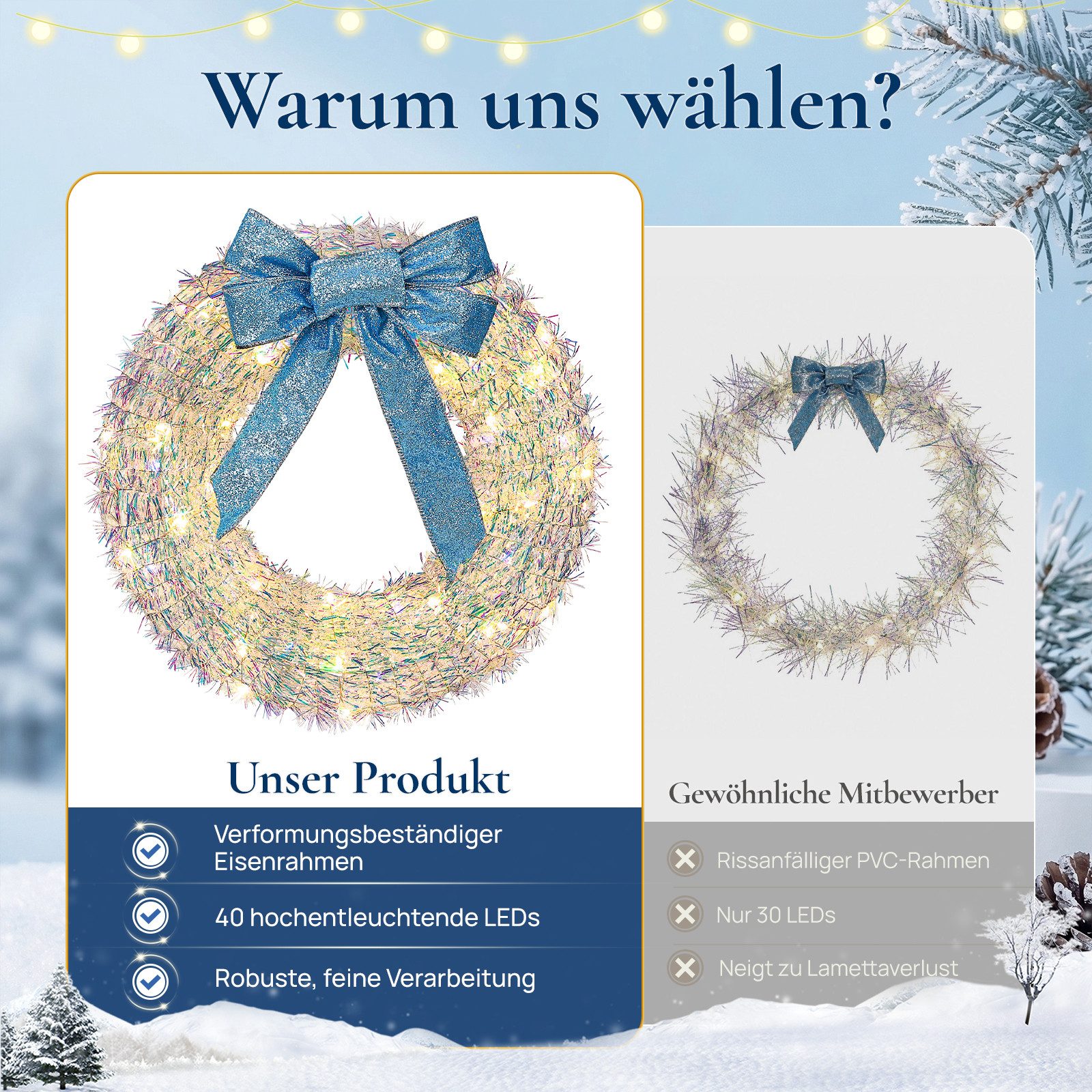 Kunstkranz weihnachtsdeko 30cm, Türkranz Weihnachten mit 40 LEDs, adventskranz, Quntis, adventskranz mit led & blaue Schleife, Weihnachtsdekoration – Bild 5 von 5