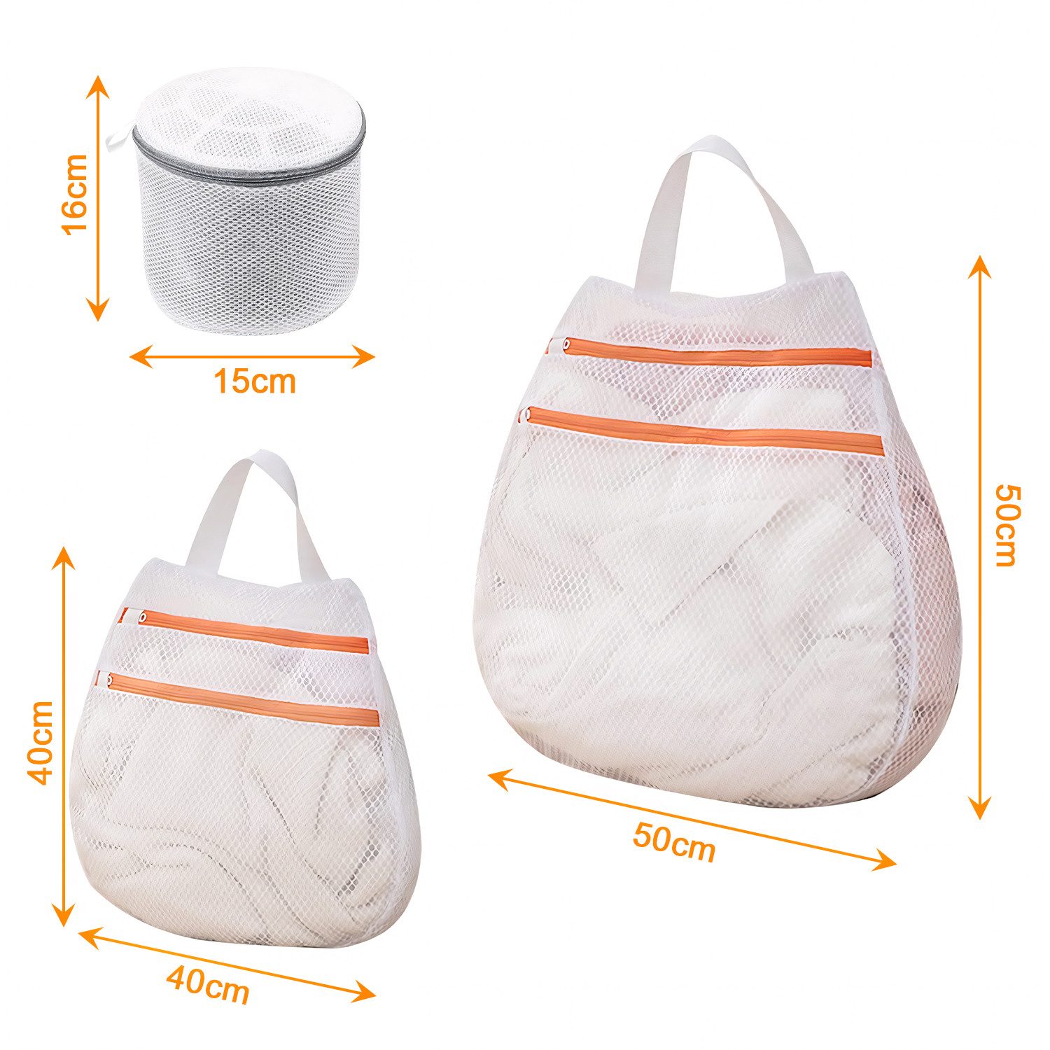 HEYHIPPO Wäschesack 3er Set Wäschesack mit Reißverschluss – doppellagig, für BH, Socken (Set, Wäscheschutzbeutel – Größen S/M/L, doppellagig, für Schonwäsche, weiß), Waschmaschinen-Beutel – wiederverwendbare Netzsäcke für Kleidung