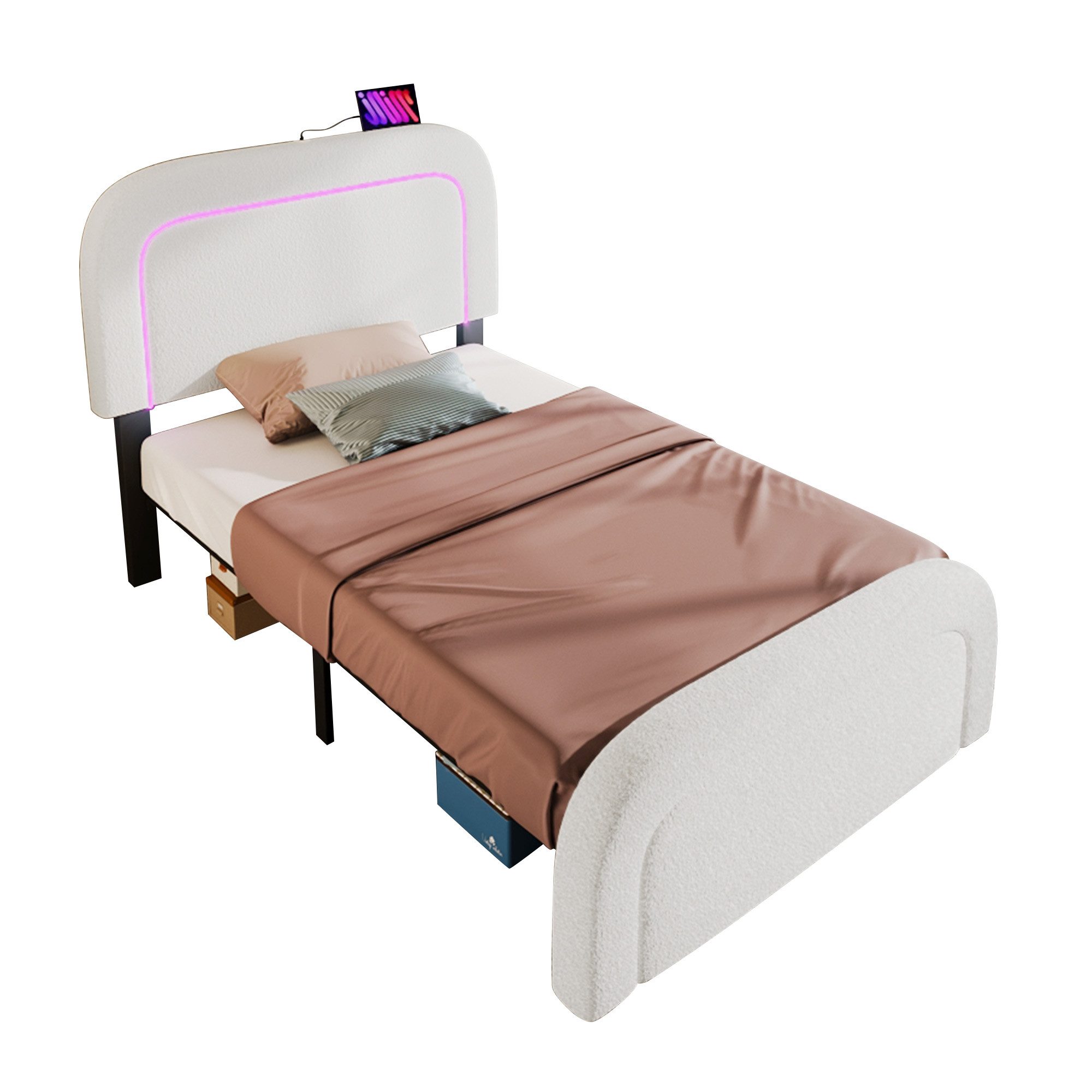 Flieks Polsterbett, LED Beleuchtung Holzbett mit Ladefunktion 90x200cm Lamm günstig online kaufen