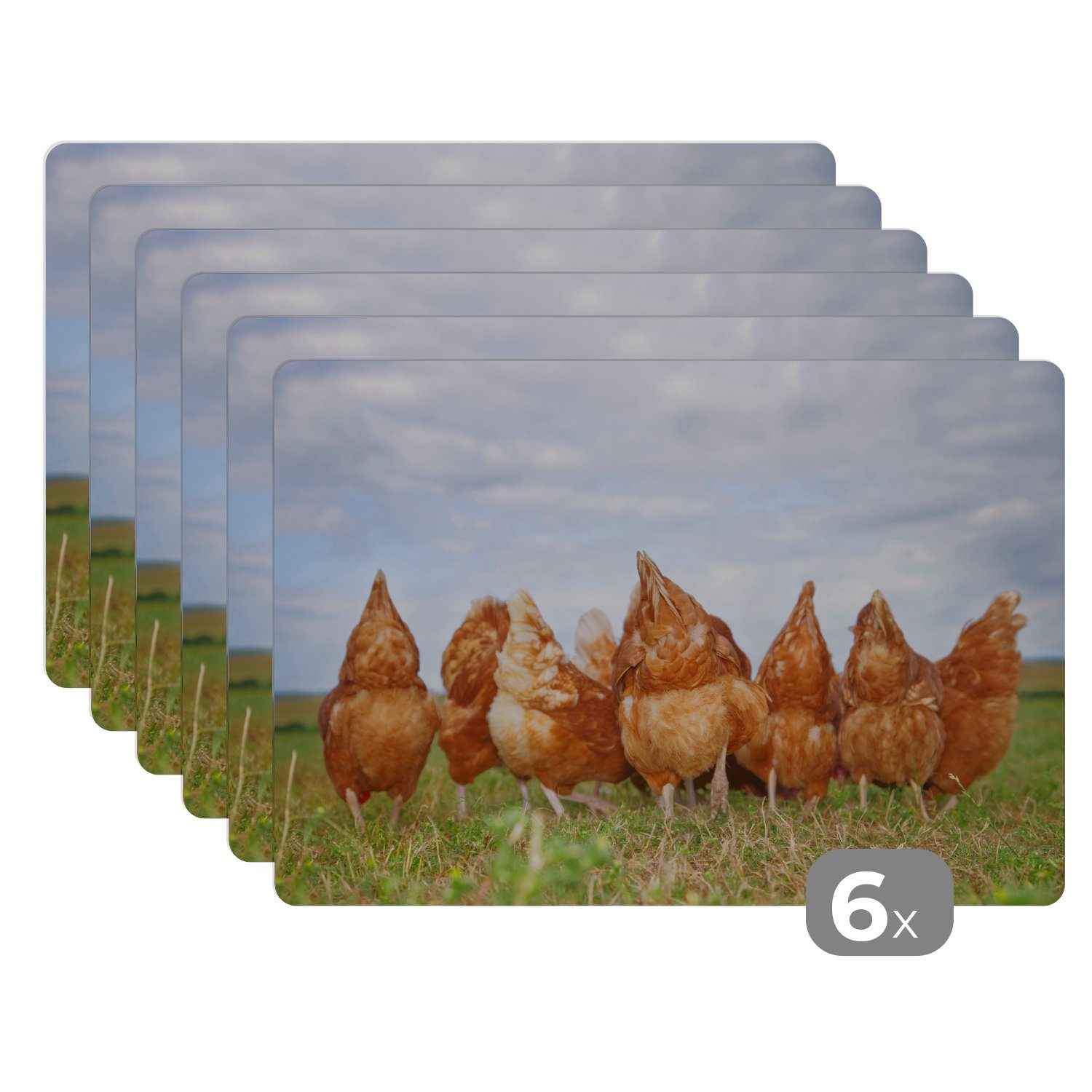 Platzset, Hühner auf dem Feld, Platzdecken, MuchoWow, Platzset, Platzmatte, (6-St), Schmutzabweisend Tischmatten