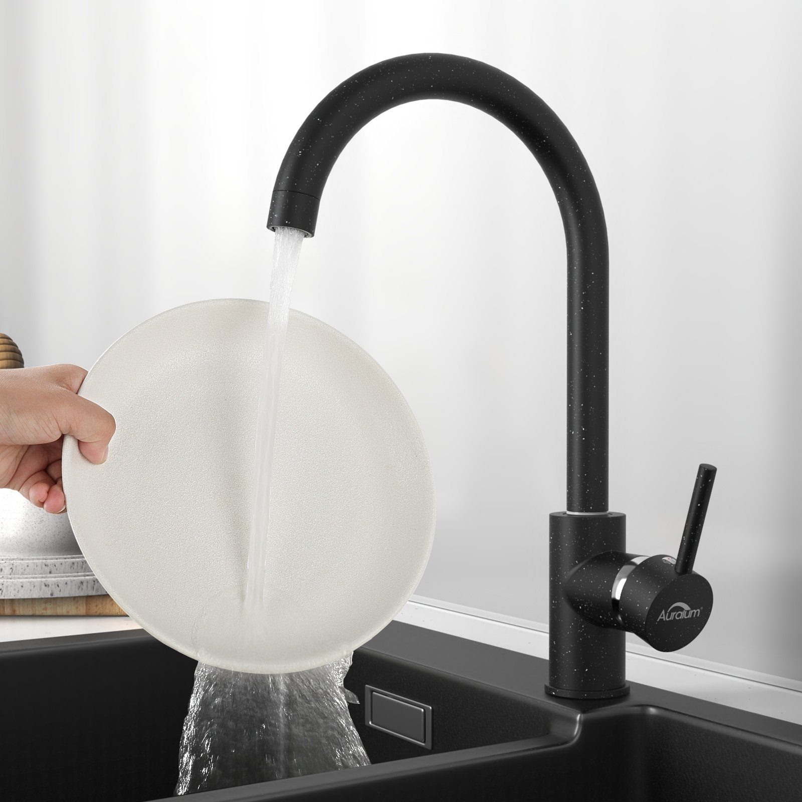 Auralum Küchenarmatur Wasserhahn Küche Mischbatterie Küche 360° Drehbar Küche Armatur Hochdruck Schwarz