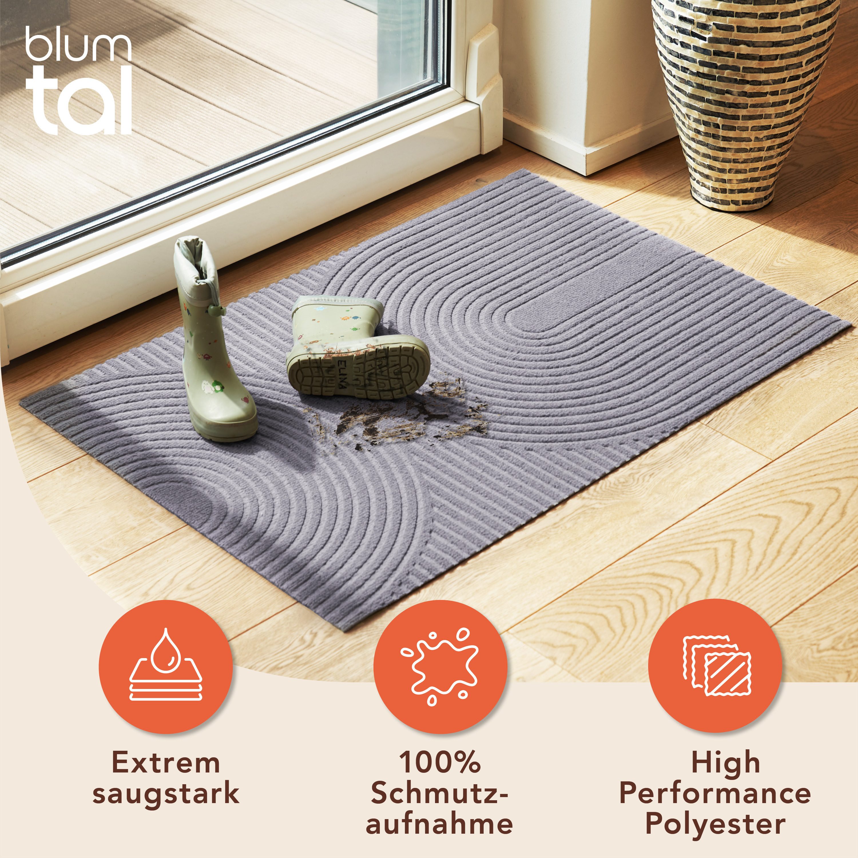 Blumtal Fußmatte rutschfeste Schmutzfangmatte aus langlebigem Polyester, Fußmatte innen/Schmutzfangmatte außen