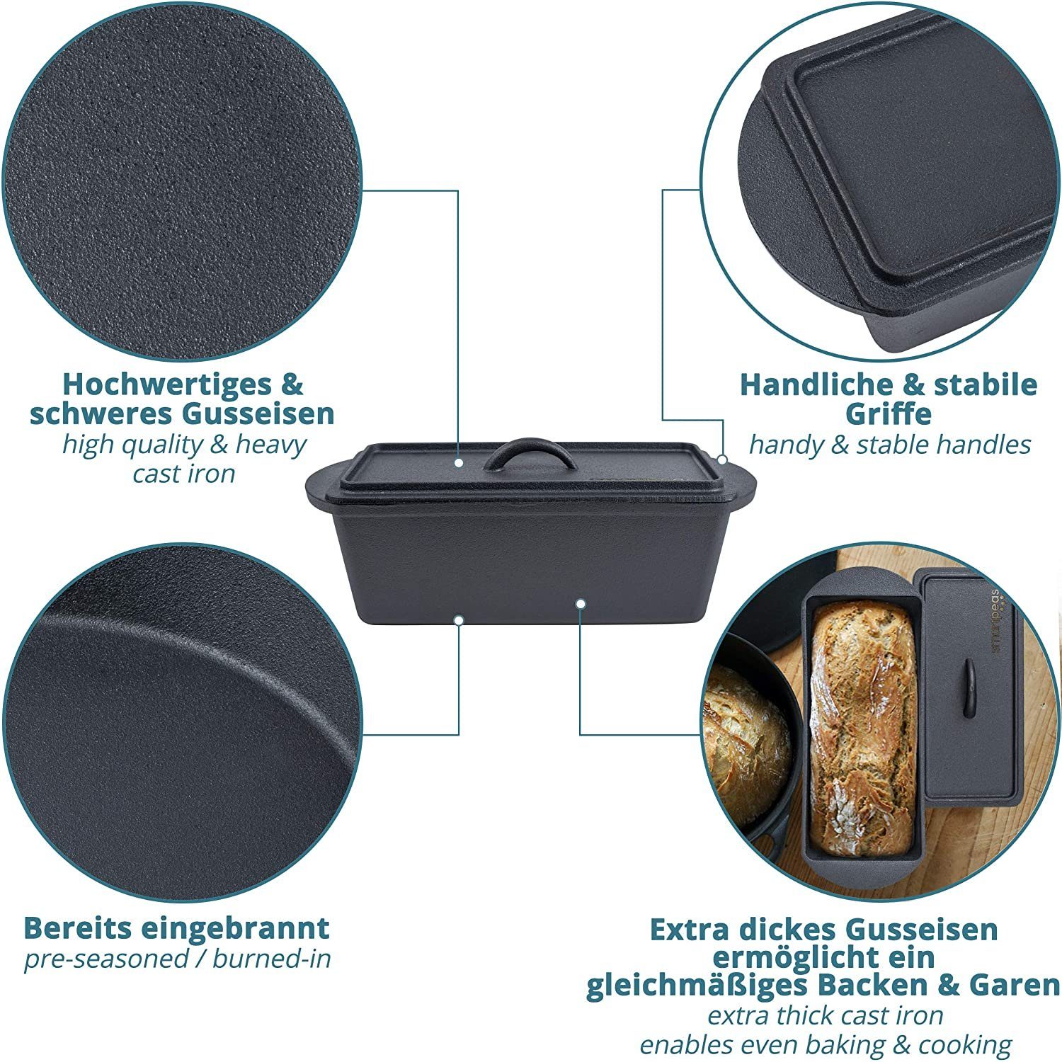 Rechteckig Kastenform Deckel + Gusseiserne Deckel Mit Ofenhandschuhe, Brotbackform Smartpeas Backform mit