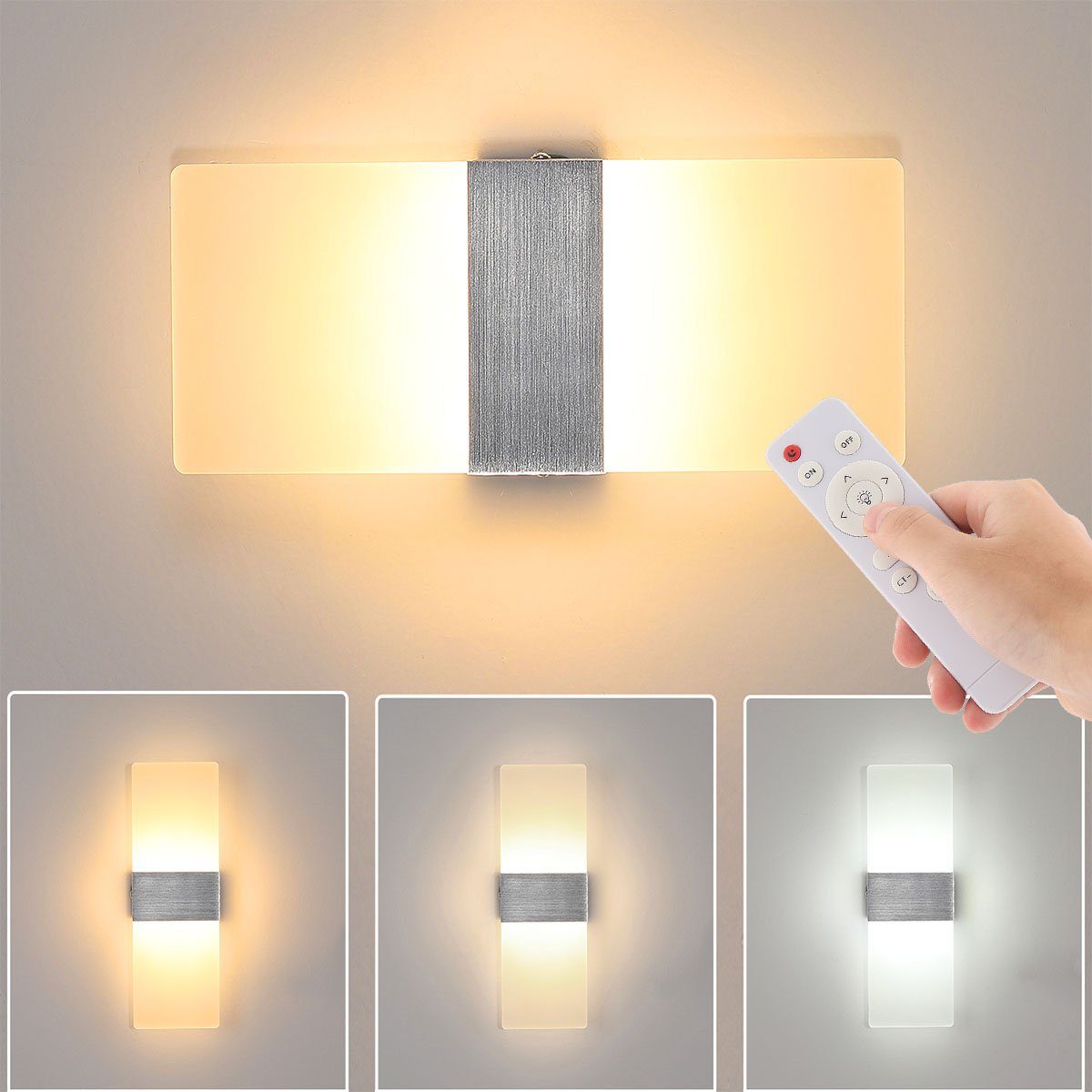 LETGOSPT LED Wandleuchte 12W Modern Wandleuchte Innen LED Wandlampe aus Acryl Mit Fernbedienug, LED fest integriert, Kaltweiß/Naturweiß/Warmweiß, Wandleuchten für Wohnzimmer / Schlafzimmer / Treppenhaus / Flur 1 Stück