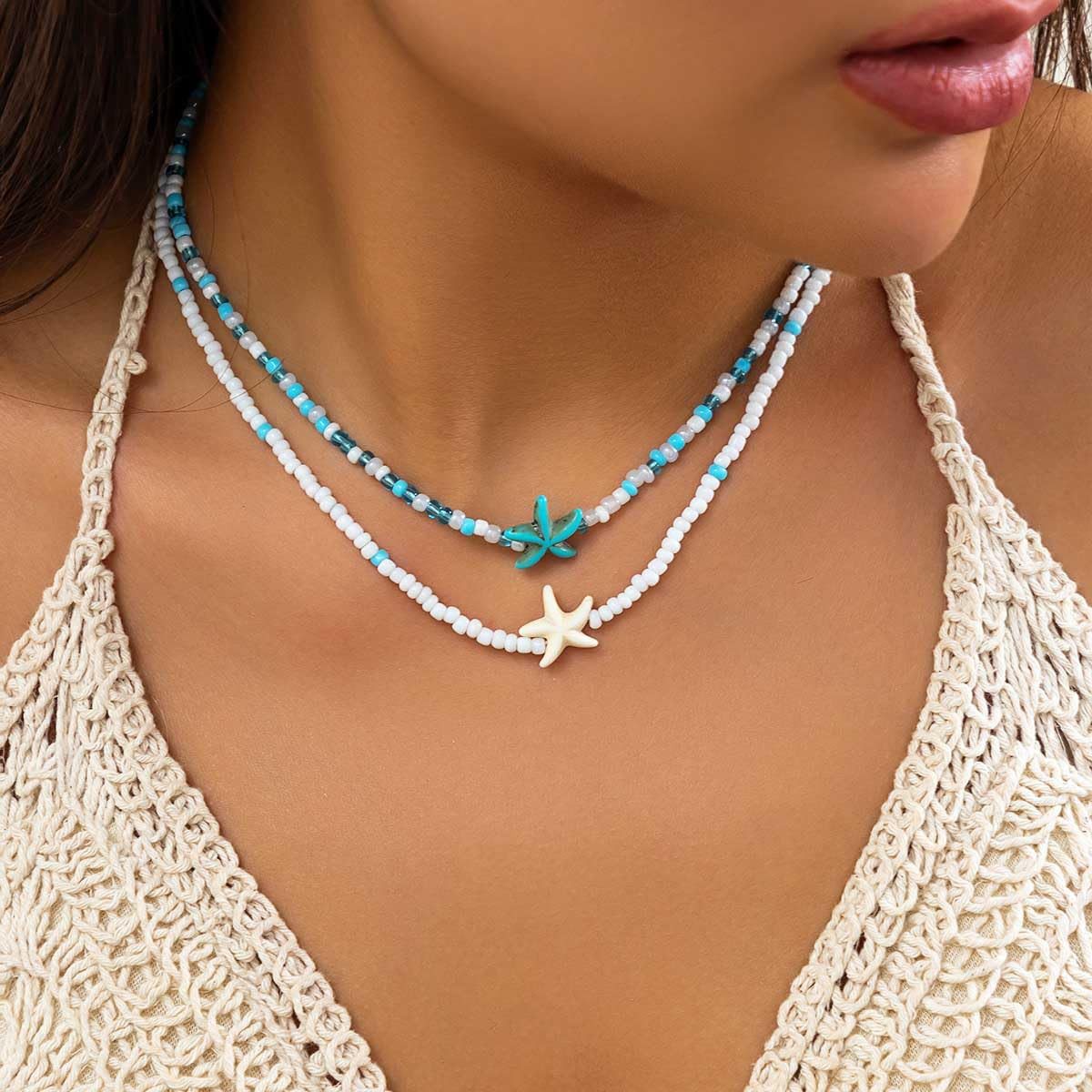 MOPUEA Kette mit Anhänger Bohemian Seestern Halskette, Strand Perlen, verstellbare Halskette (Anhänger Choker Y2K Schmuck Accessoires Geschenke für Frauen, 2-tl – Bild 3 von 4