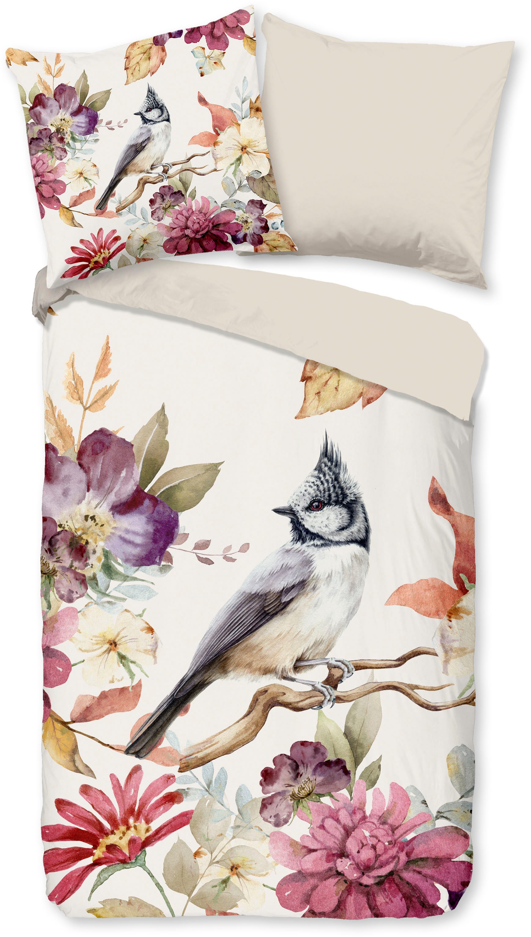 good morning Wendebettwäsche Inga, Renforcé, 2 teilig, 100% Baumwolle, 135x200, Reißverschluss, Wendeoptik, Vogel Blume, Sand