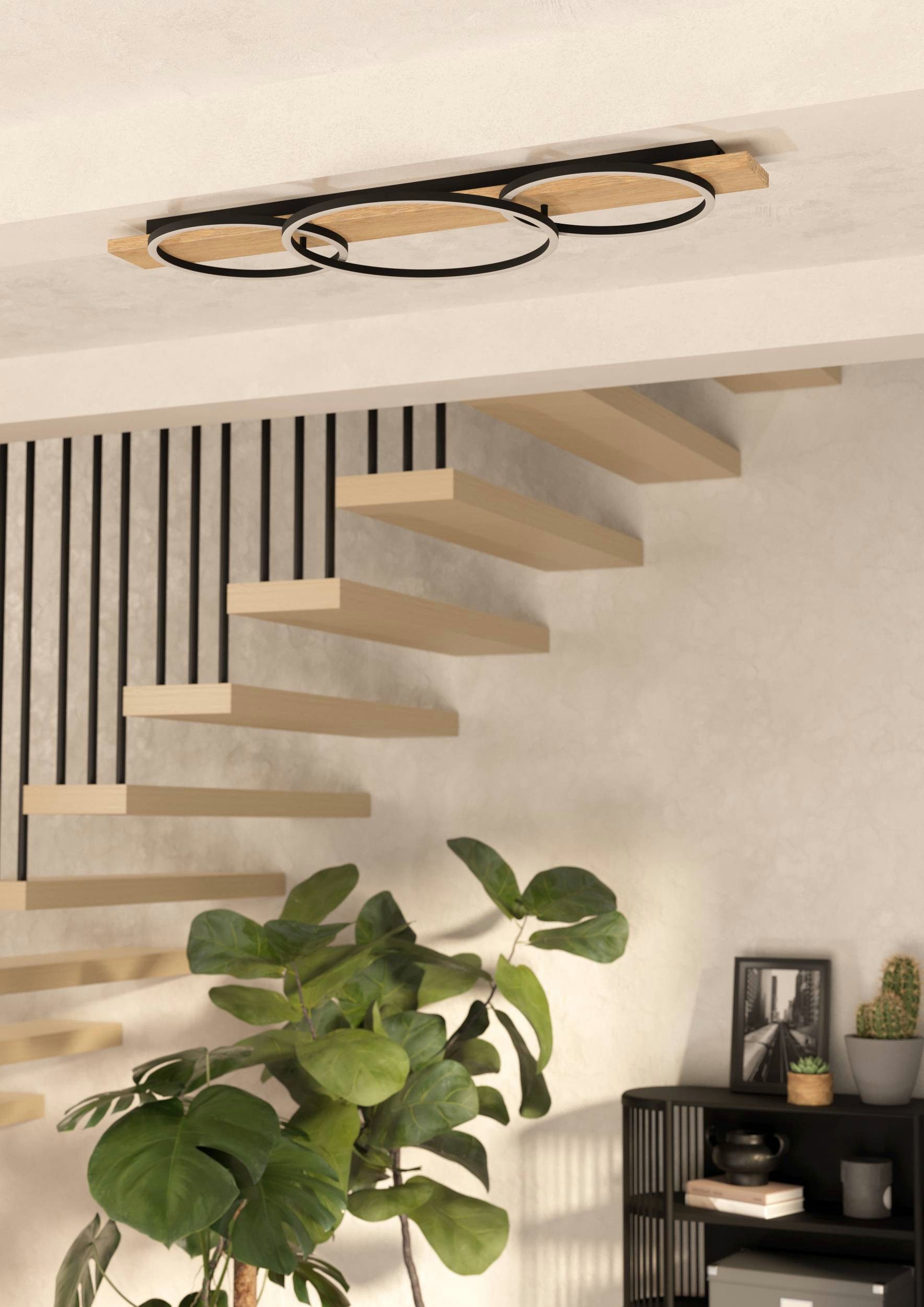 EGLO Deckenleuchte Boyal Deckenlampe, FSC zertifiziert, Flurlampe, Wohnzimmerlampe, Lampe, LED fest integriert, Warmweiß, Wand-/Deckenleuchte - L101 x B40 x H9,5 cm - schwarz, braun rustikal
